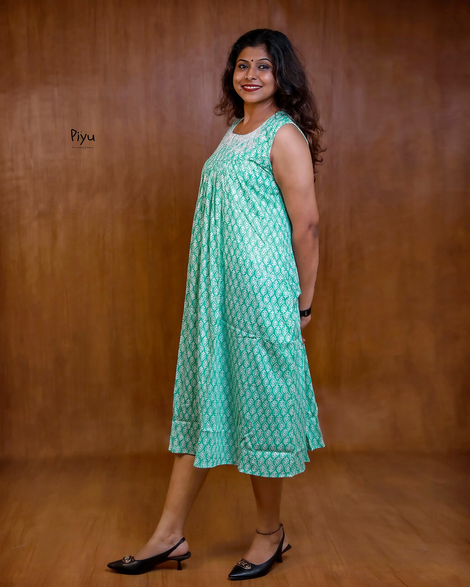 Soft Cotton Maternity Dress: Sleeveless with Cut-Work Yoke & Pocket-Aqua Green