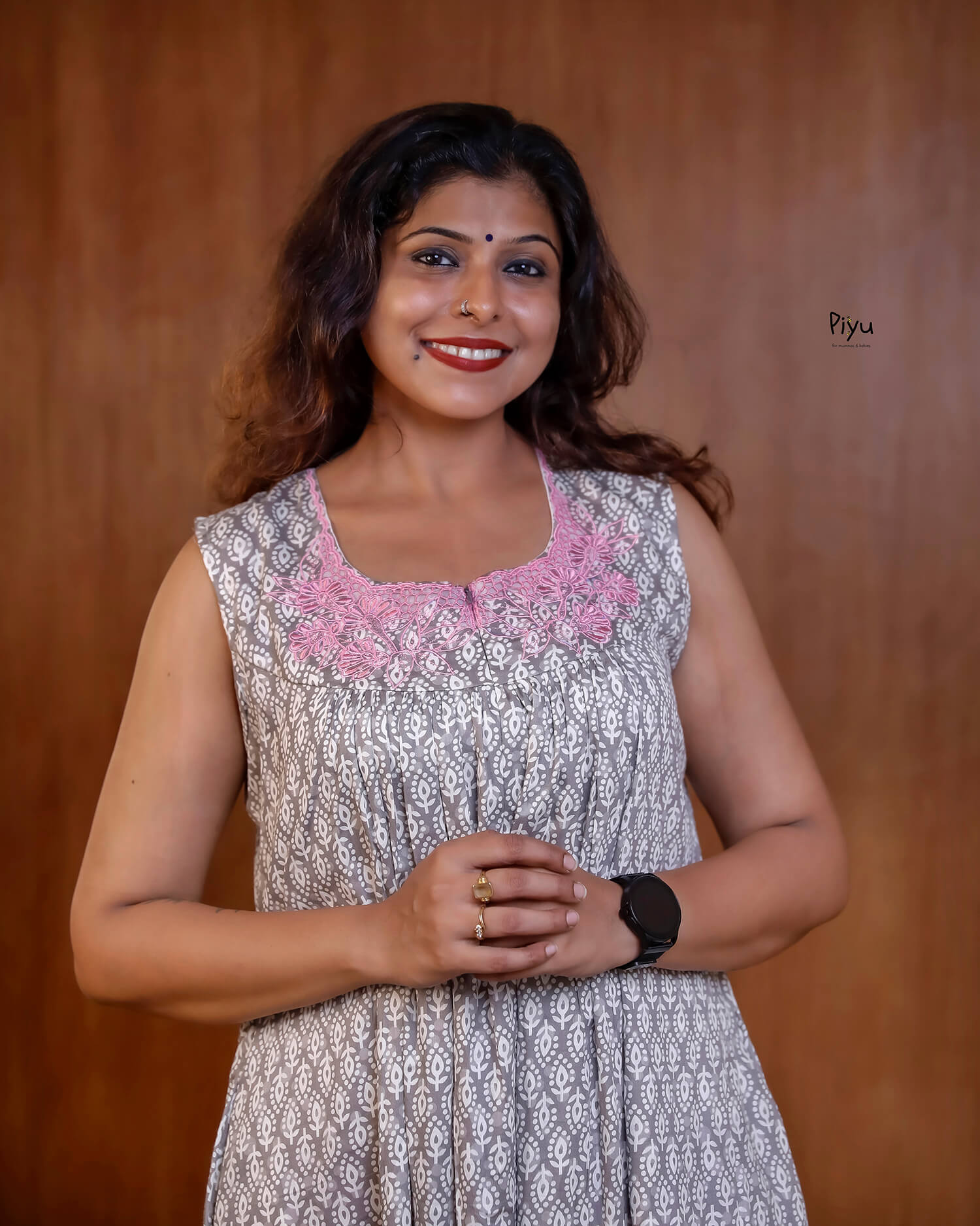 Soft Cotton Maternity Dress: Sleeveless with Cut-Work Yoke & Pocket-Ash