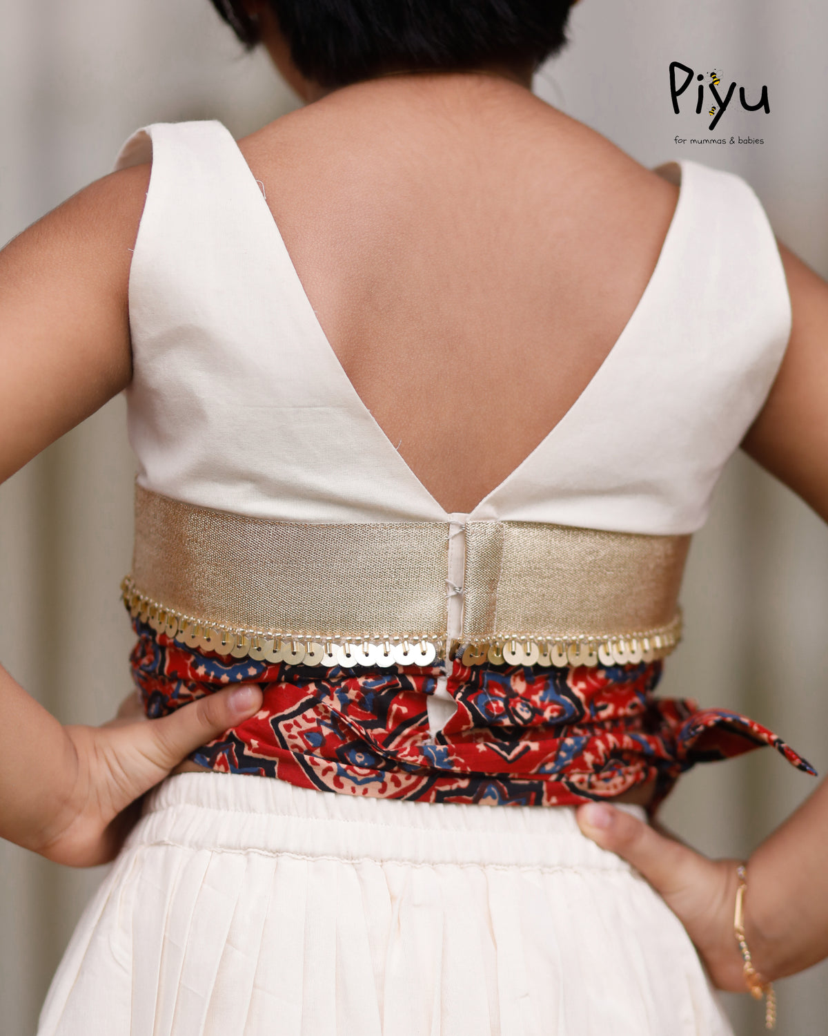 Kora Cotton Crop Top + Skirt | Ajrakh Border + Sequin Lace | Ivory