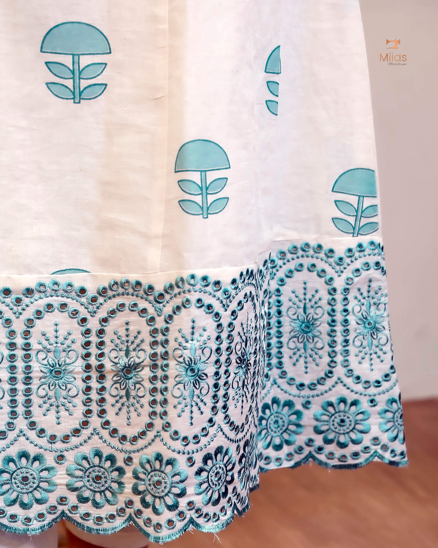 Kora Cotton Kurti: Hand Block Printed with Elegant Lace