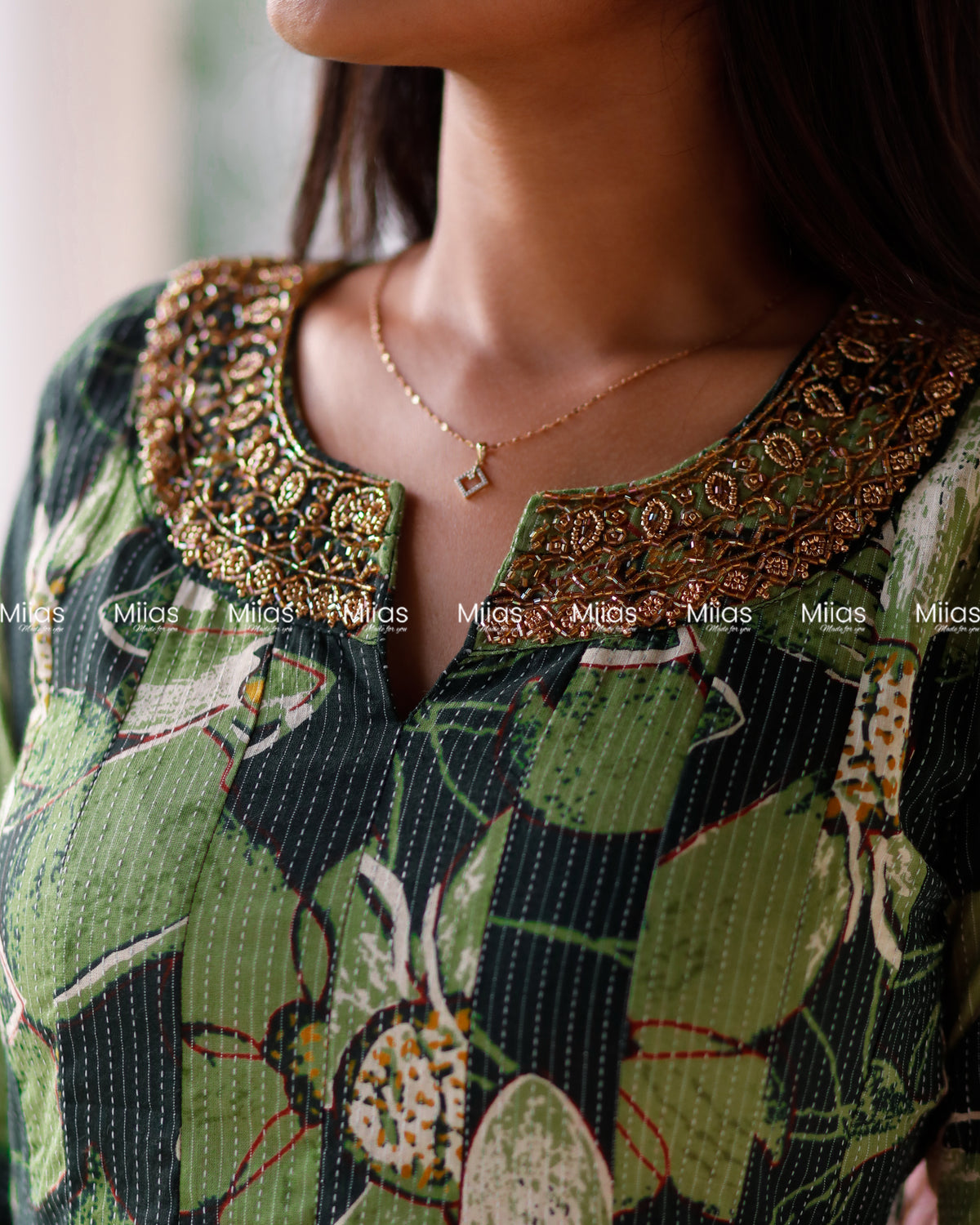 Kantha Cotton Panel Kurti | Beaded Neckline + Slit Sleeves | Bottle Green