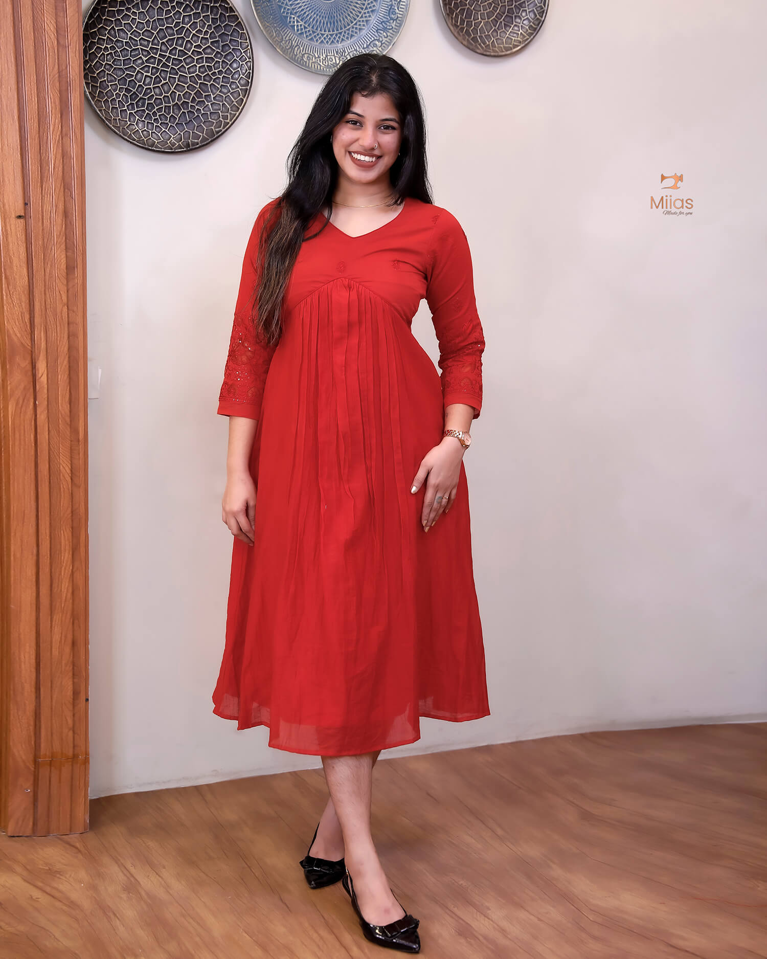 Embroidered Mul Chanderi Alia Kurti | Lined & Appliqué-Chilly Red