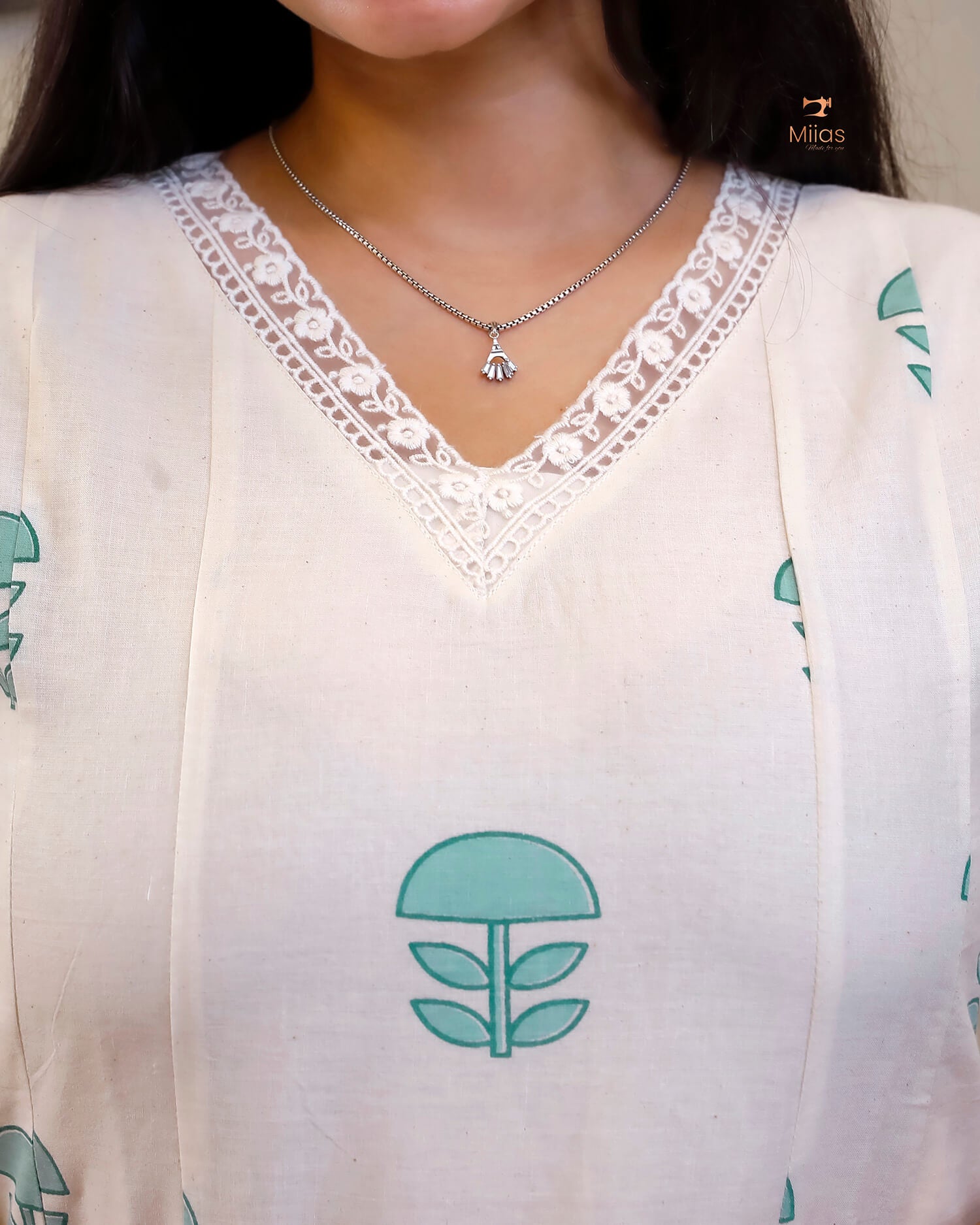 Kora Cotton Kurti: Hand Block Printed with Elegant Lace