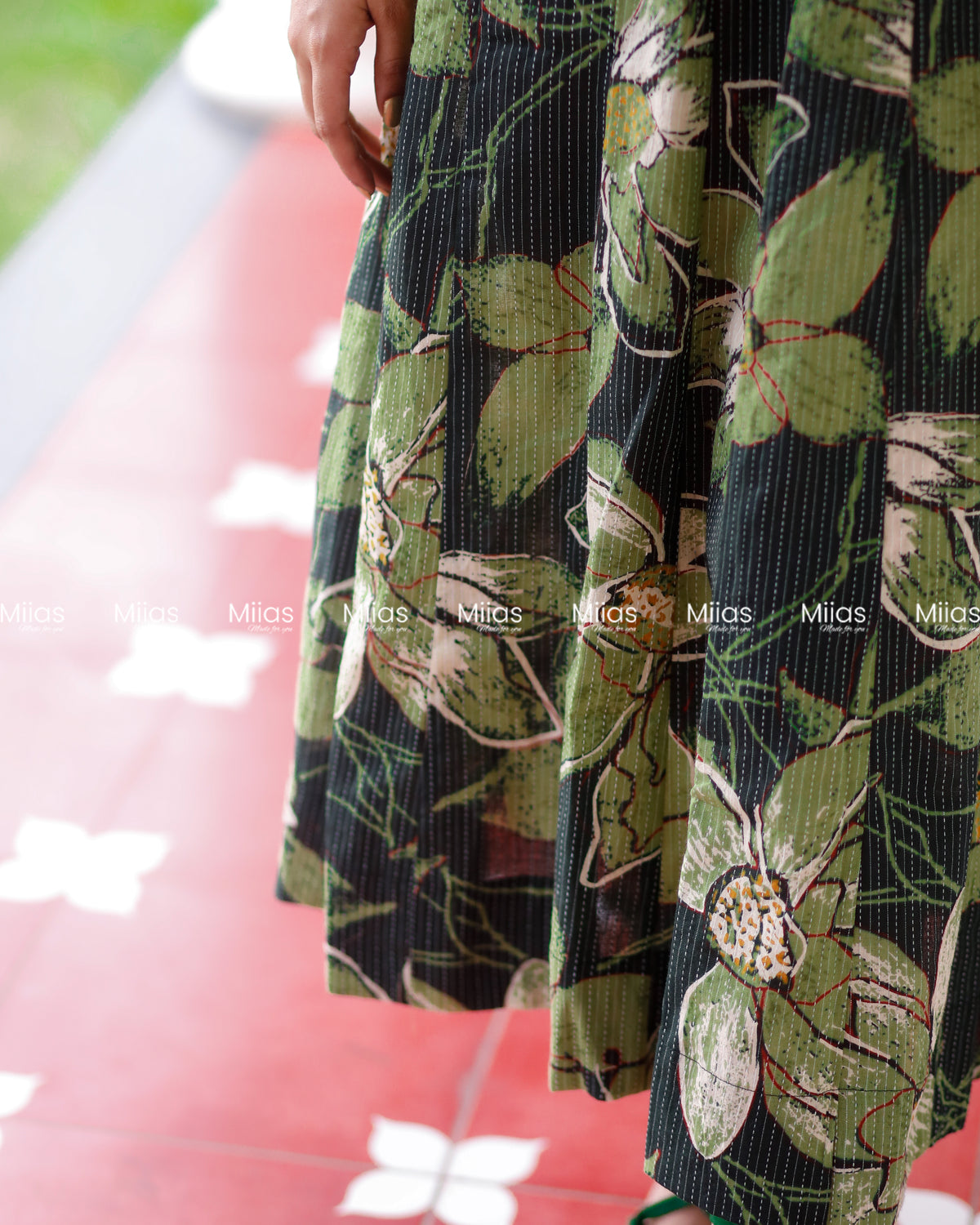 Kantha Cotton Panel Kurti | Beaded Neckline + Slit Sleeves | Bottle Green