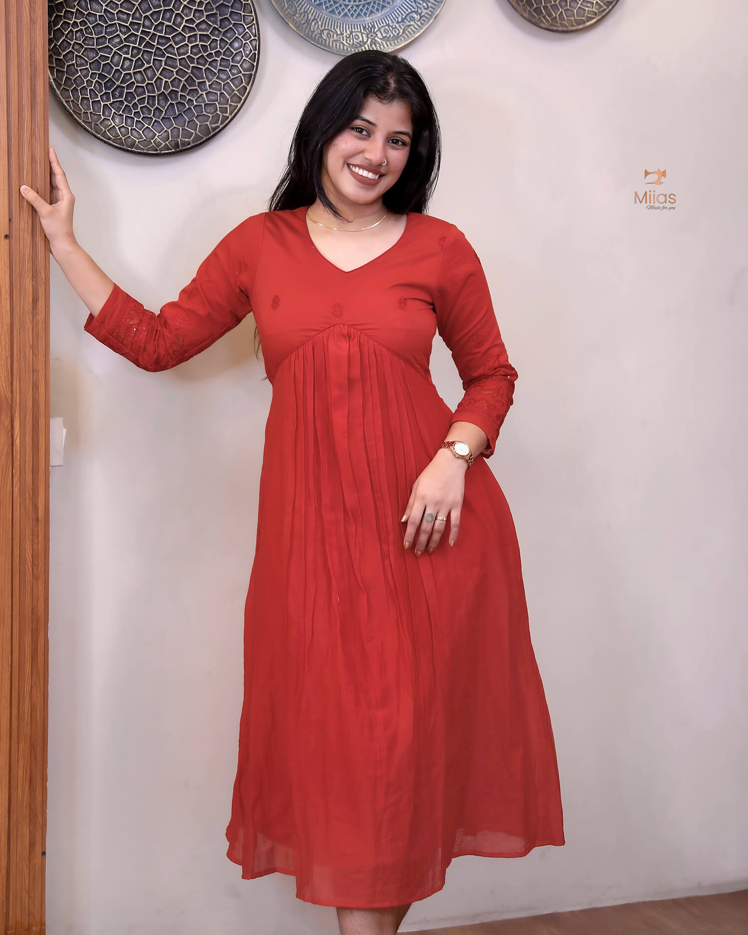 Embroidered Mul Chanderi Alia Kurti | Lined & Appliqué-Chilly Red