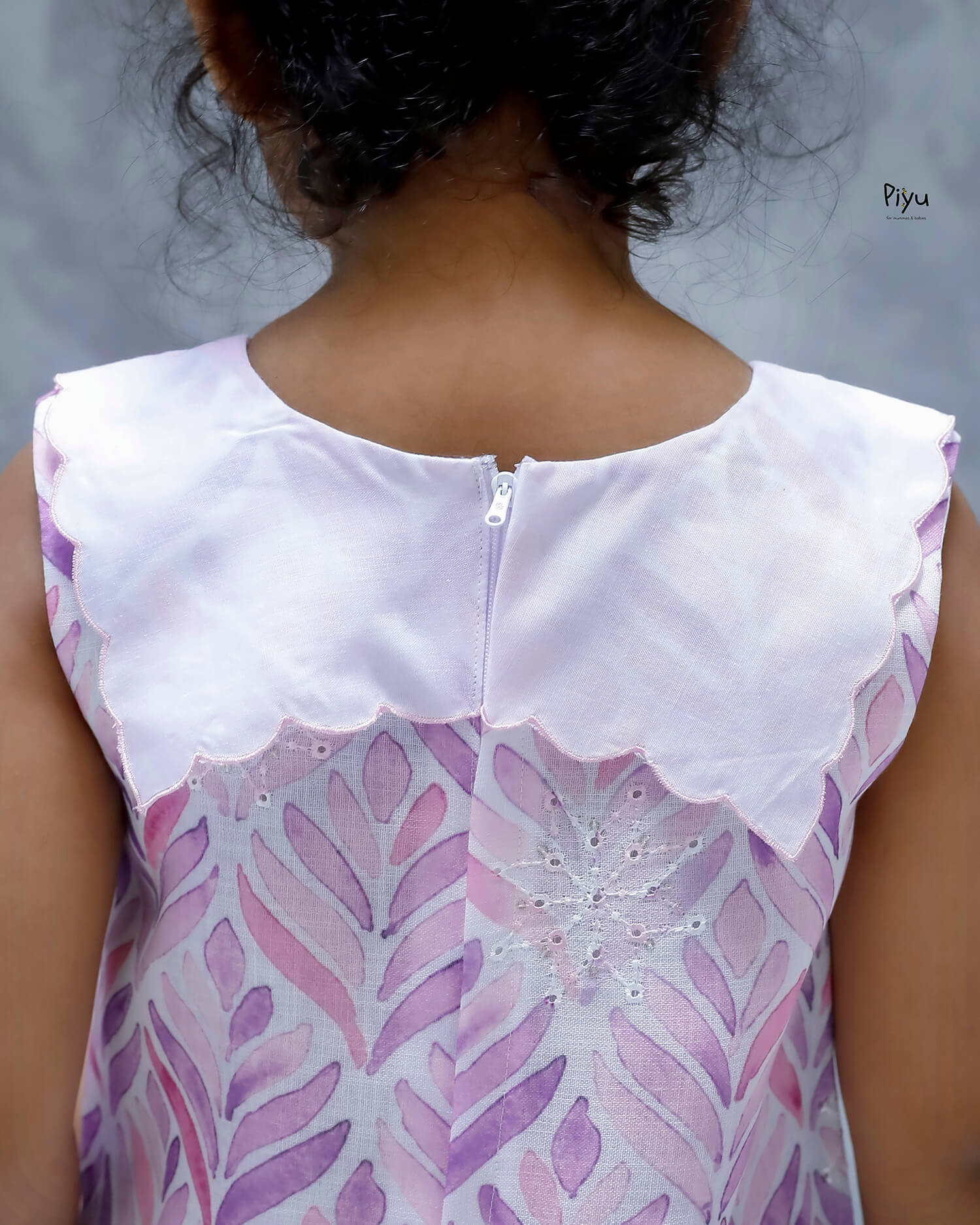 Linen Hakoba Frock: Scalloped Cutwork Box Pleat Dress-Purple & Pink.