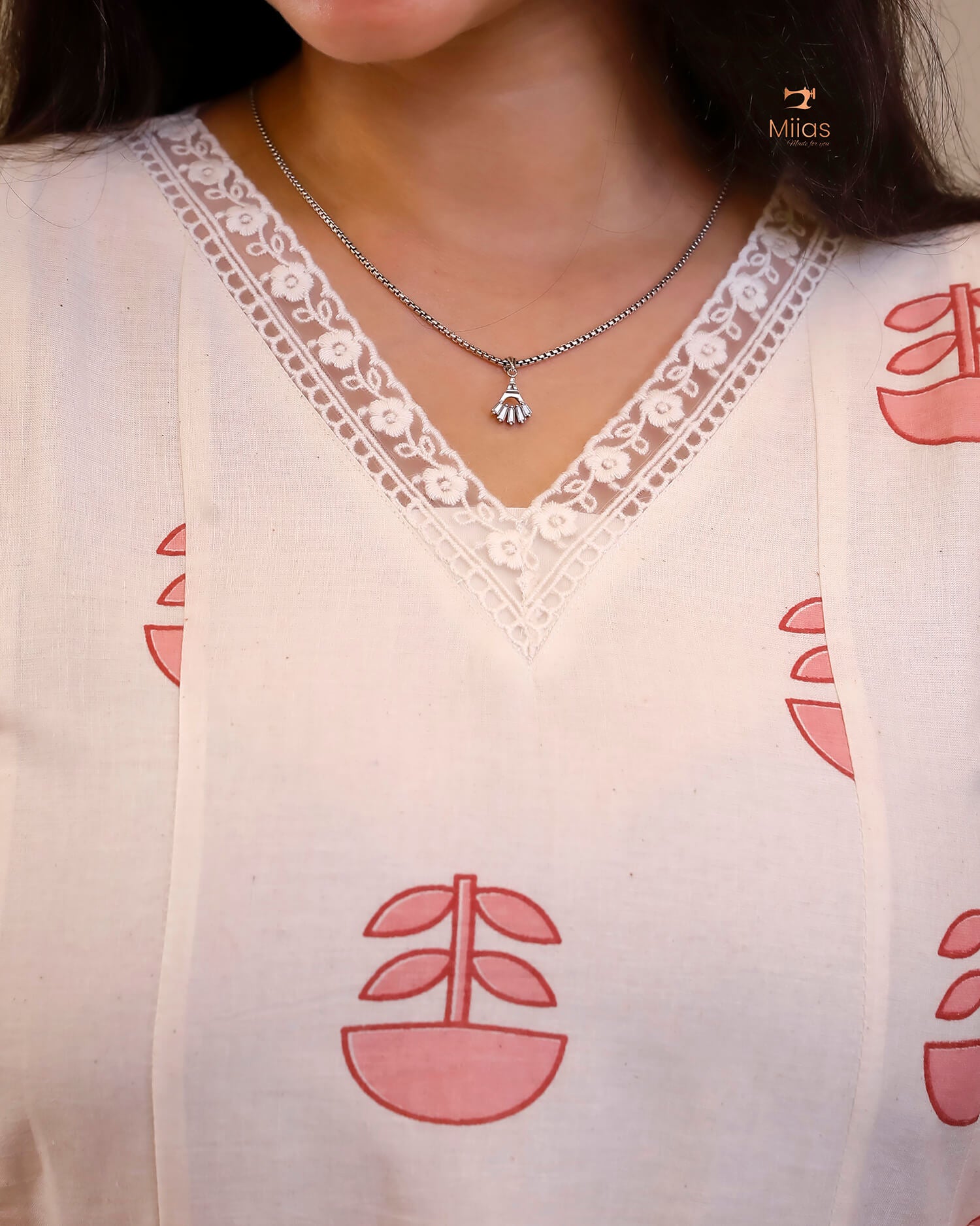 Kora Cotton Kurti: Hand Block Printed with Elegant Lace