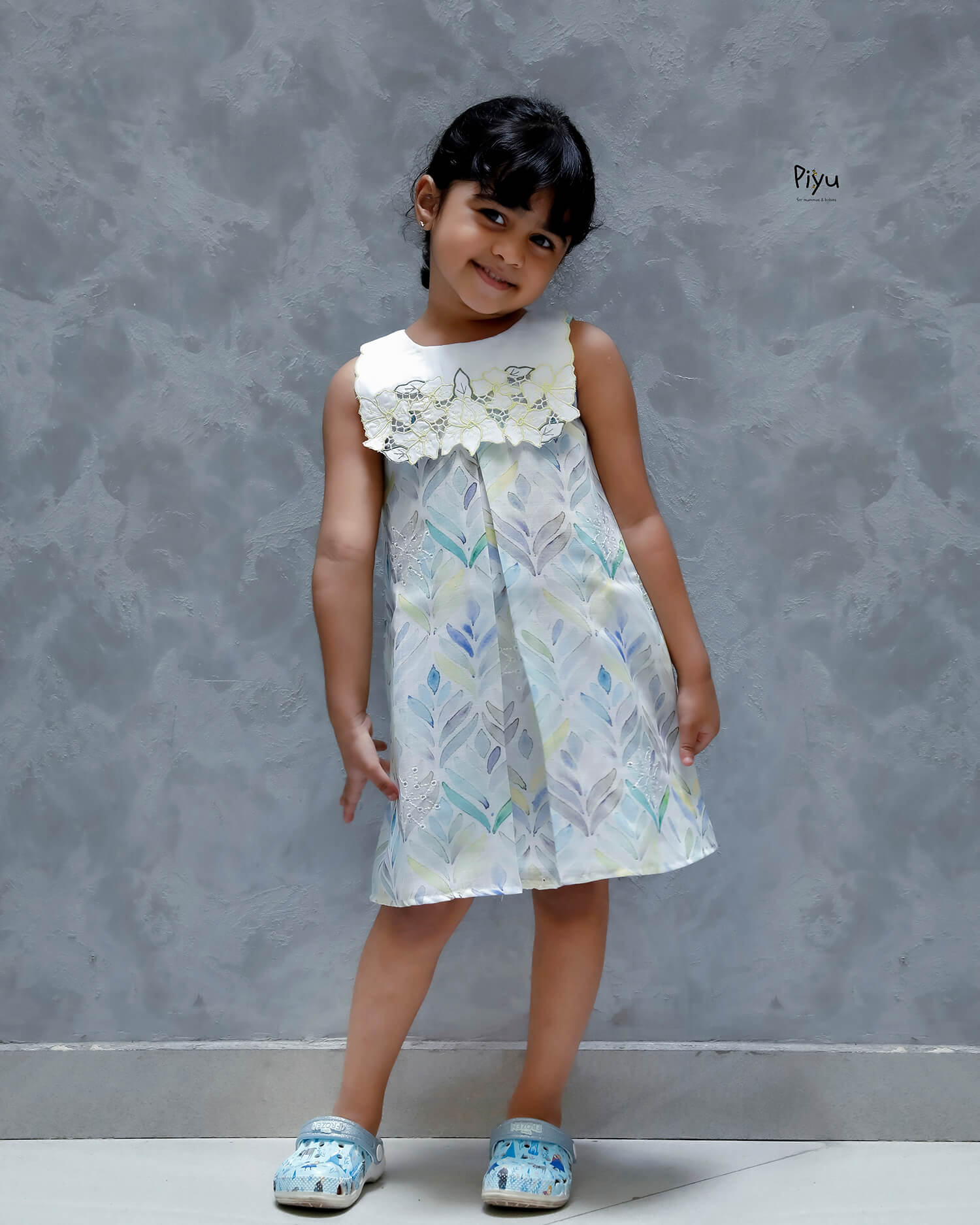 Linen Hakoba Frock: Scalloped Cutwork Box Pleat Dress-Yellow.