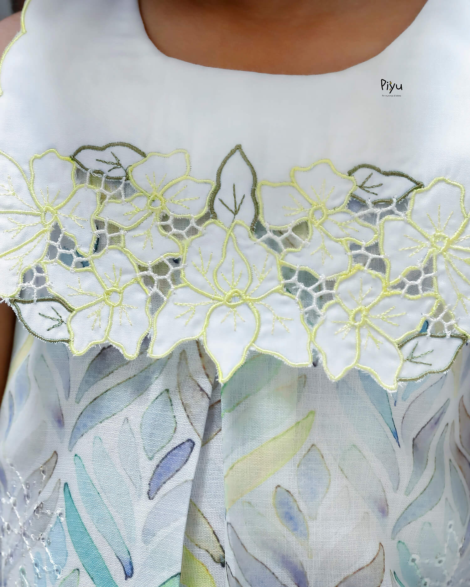 Linen Hakoba Frock: Scalloped Cutwork Box Pleat Dress-Yellow.