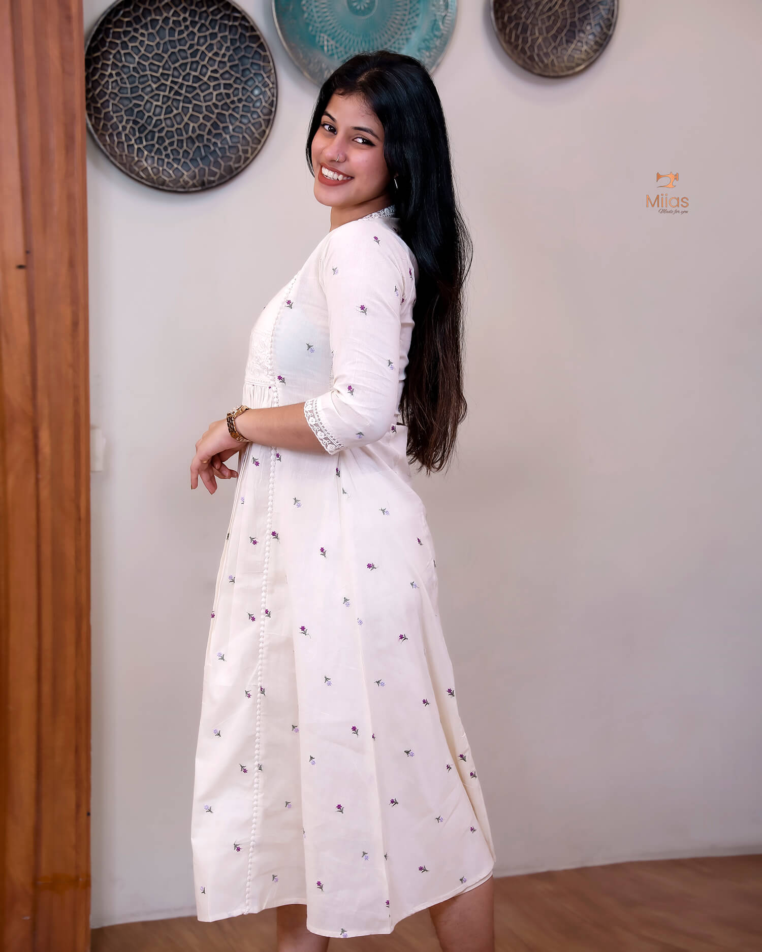 Embroidered Kora Cotton Kurti with Lace & Pleats-Off White.