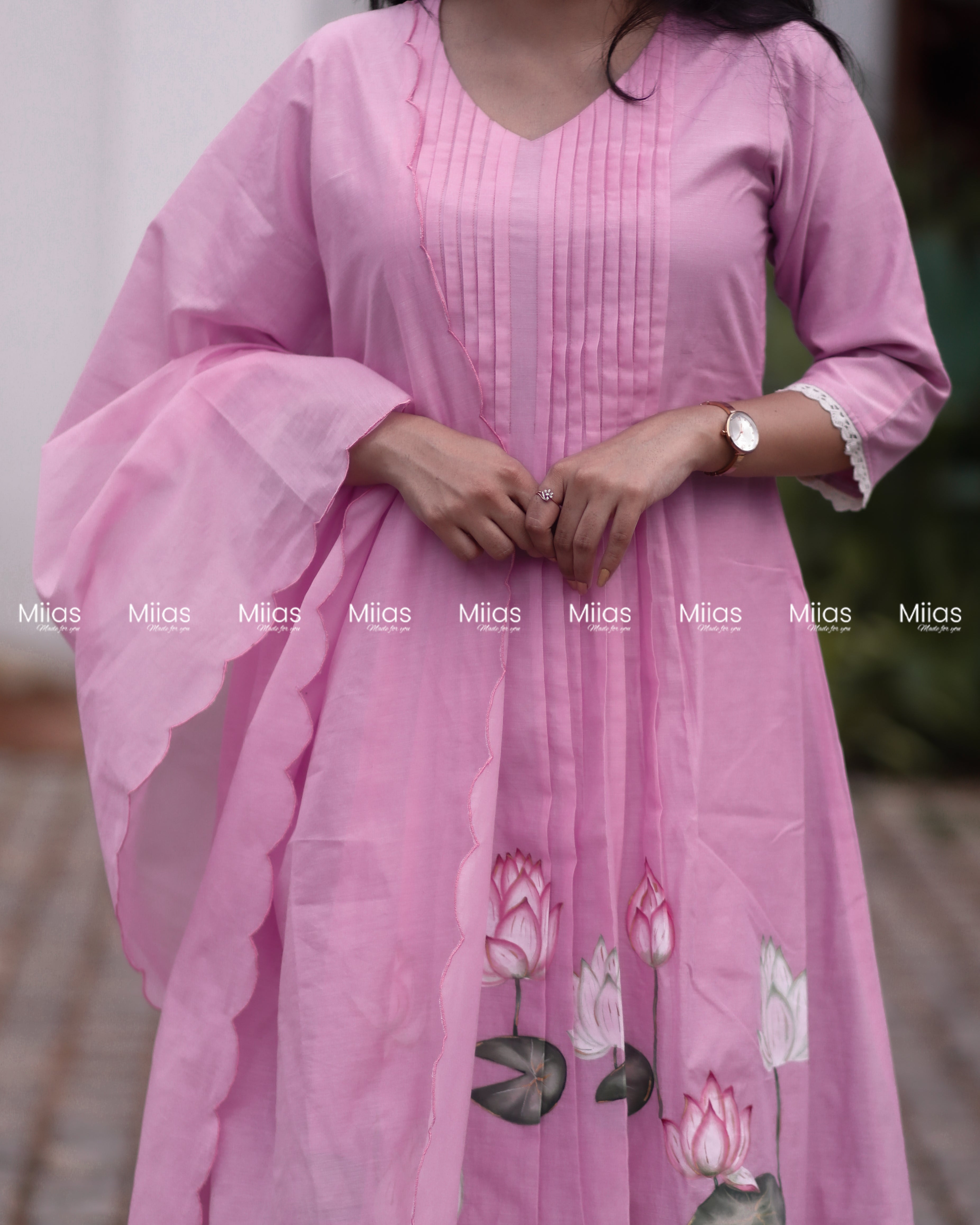 Mul Chanderi A-Line Kurti | Hand-Painted Lotus + Dupatta | Pink