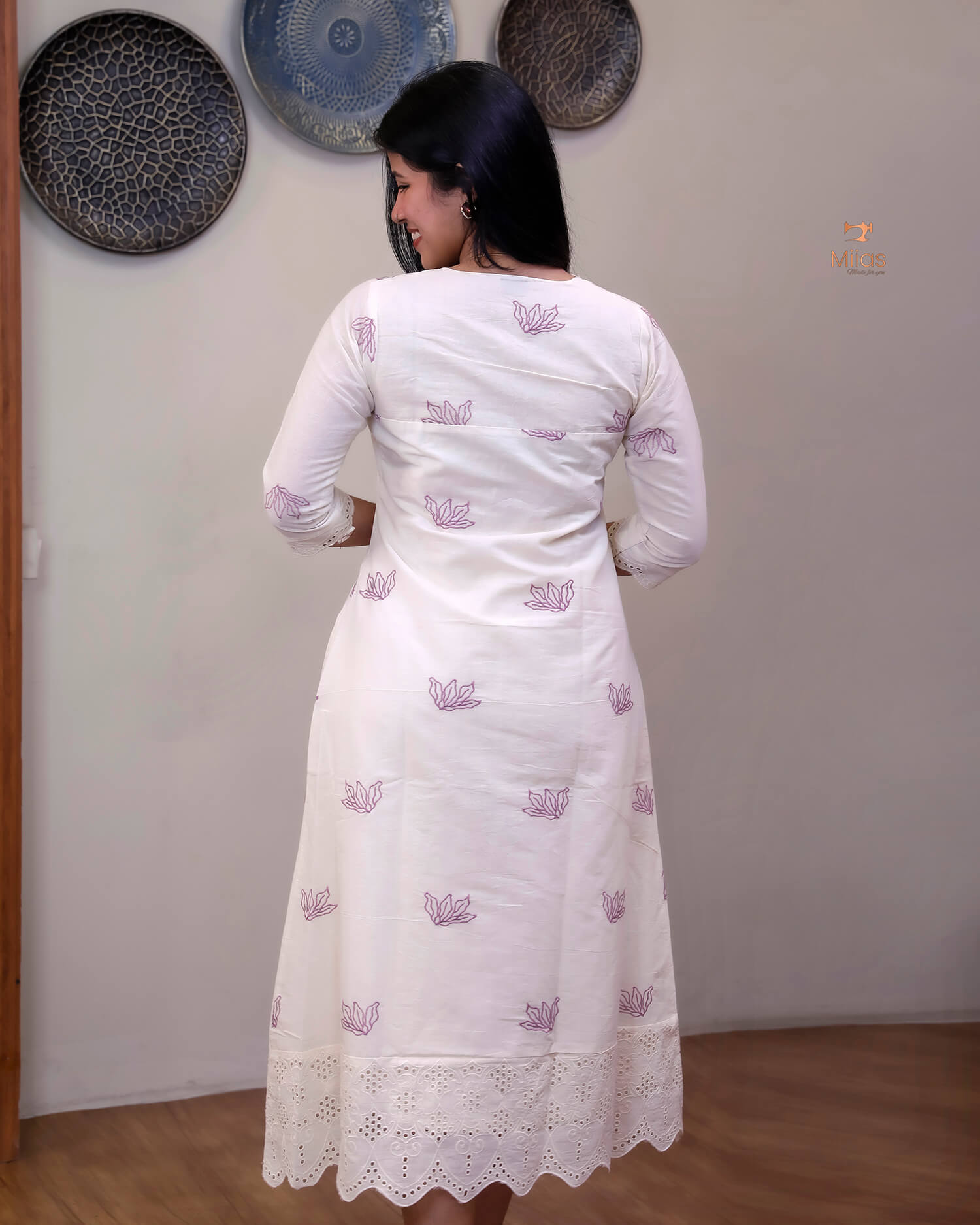 Kora Cotton A-Line Kurti | Off-White with Threadwork & Lace-Violet print.