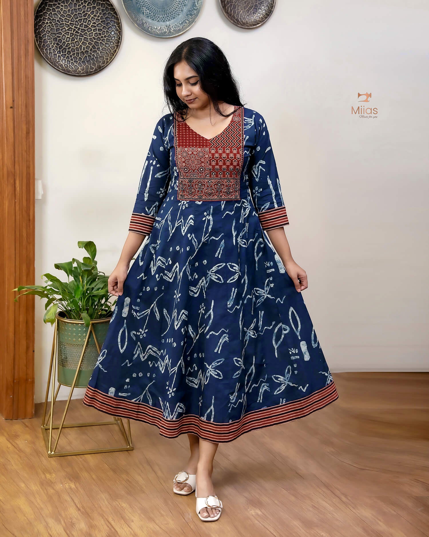 Ajrakh Print Cotton Kurti with Mirror & Bead Work - South Cotton