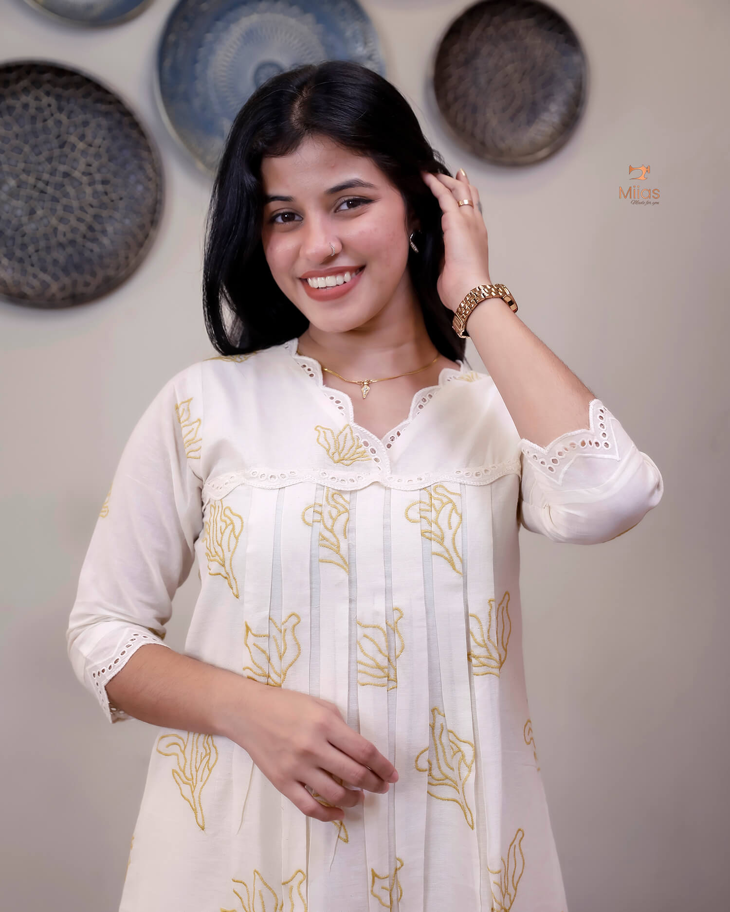 Kora Cotton A-Line Kurti | Off-White with Threadwork & Lace-Mustard Yellow Print.