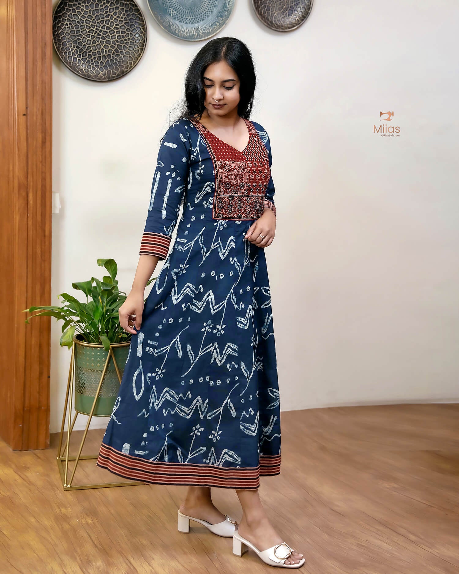 Ajrakh Print Cotton Kurti with Mirror & Bead Work - South Cotton