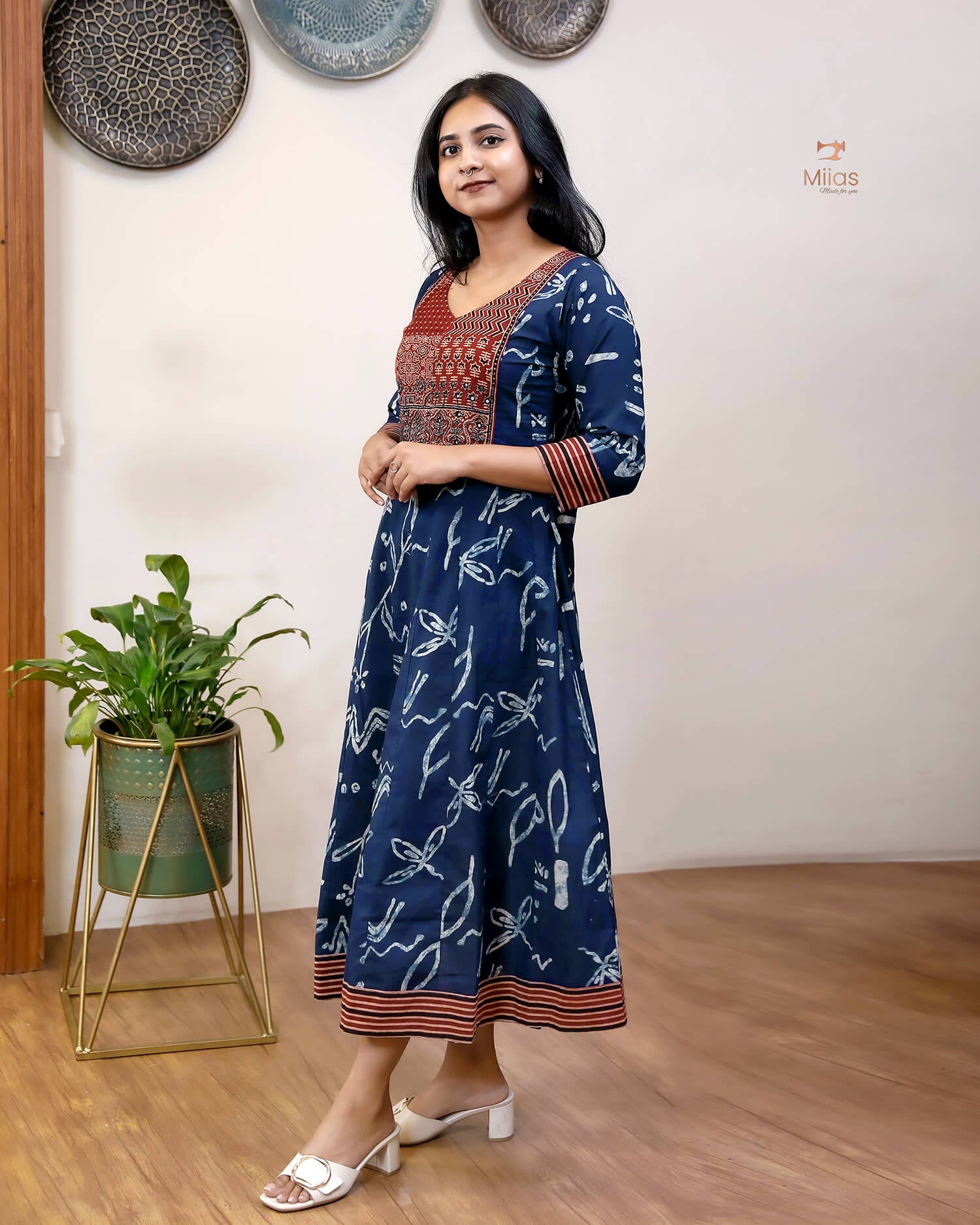 Ajrakh Print Cotton Kurti with Mirror & Bead Work - South Cotton