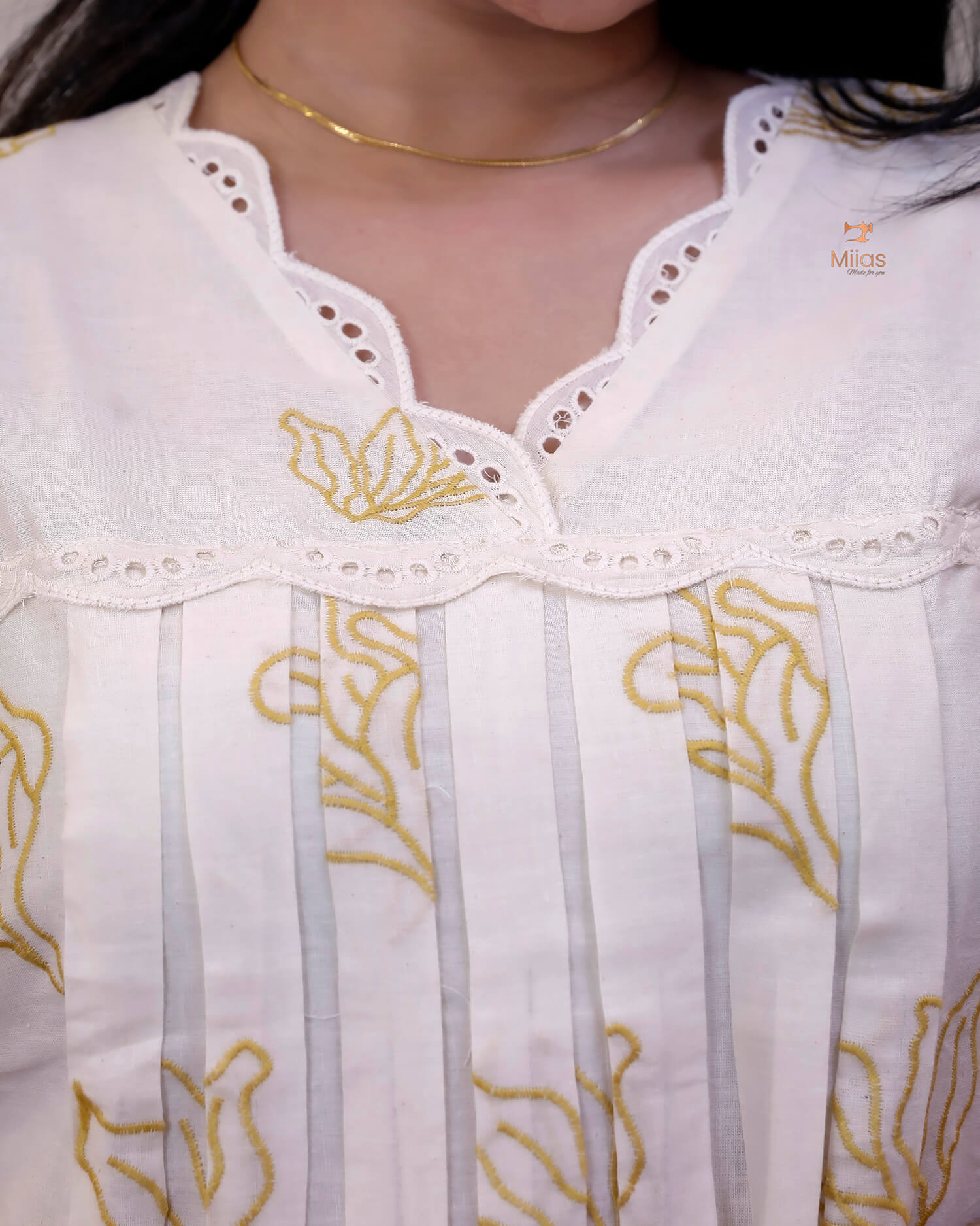 Kora Cotton A-Line Kurti | Off-White with Threadwork & Lace-Mustard Yellow Print.