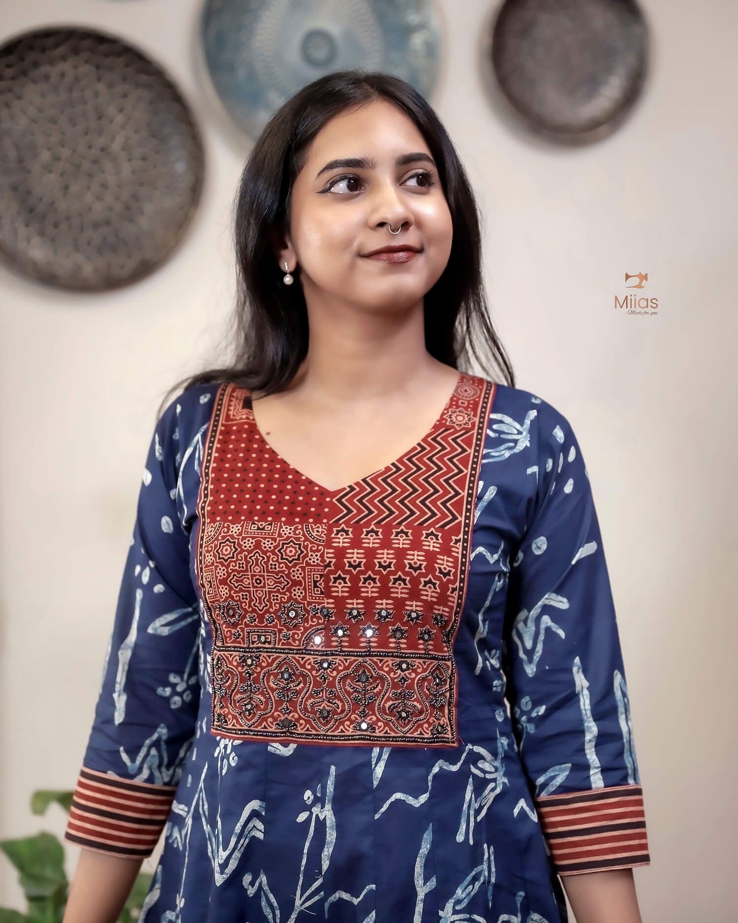 Ajrakh Print Cotton Kurti with Mirror & Bead Work - South Cotton