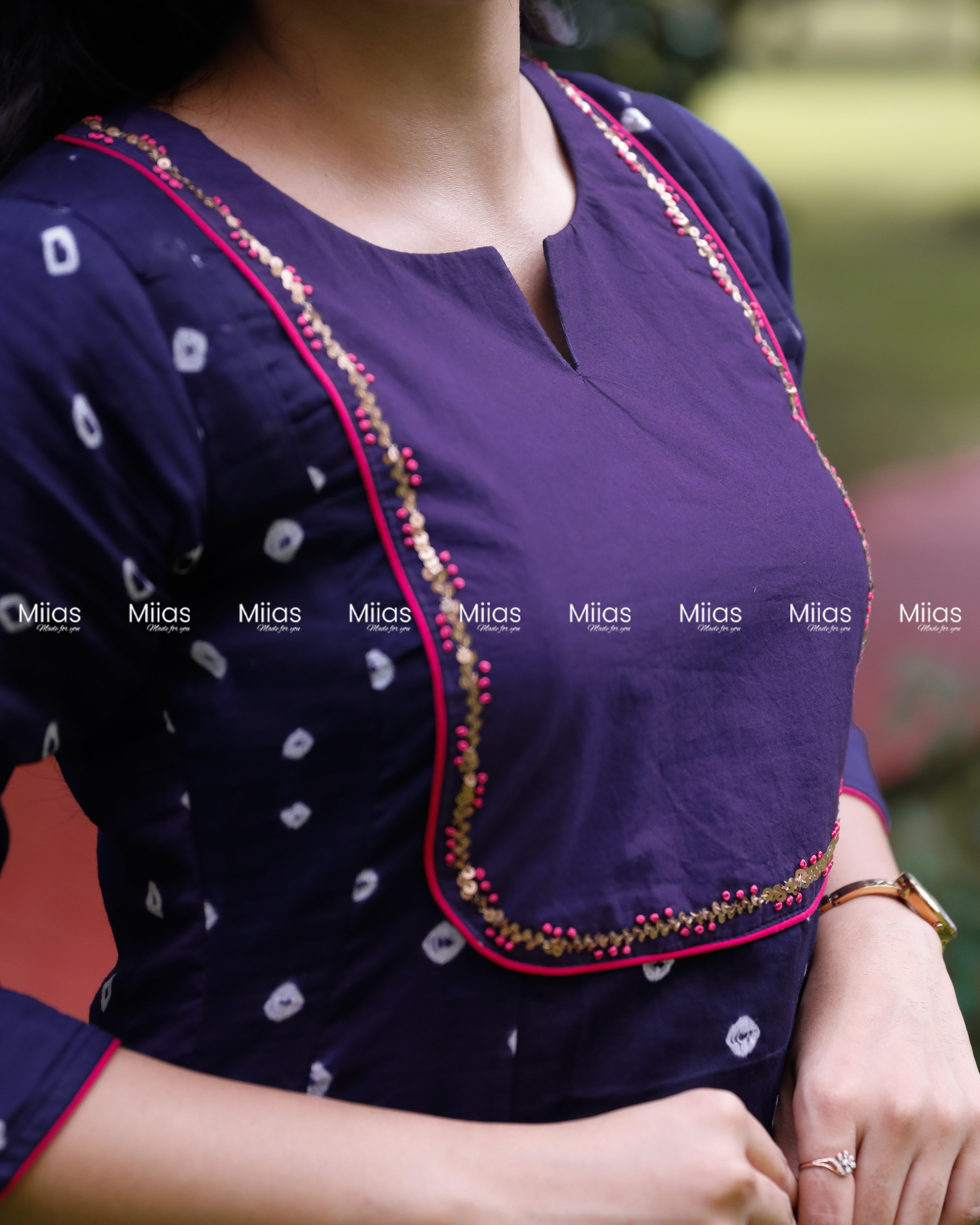 Mul Cotton Bandhani Kurti | Embroidered Yoke + Piping | Deep Bluish Violet