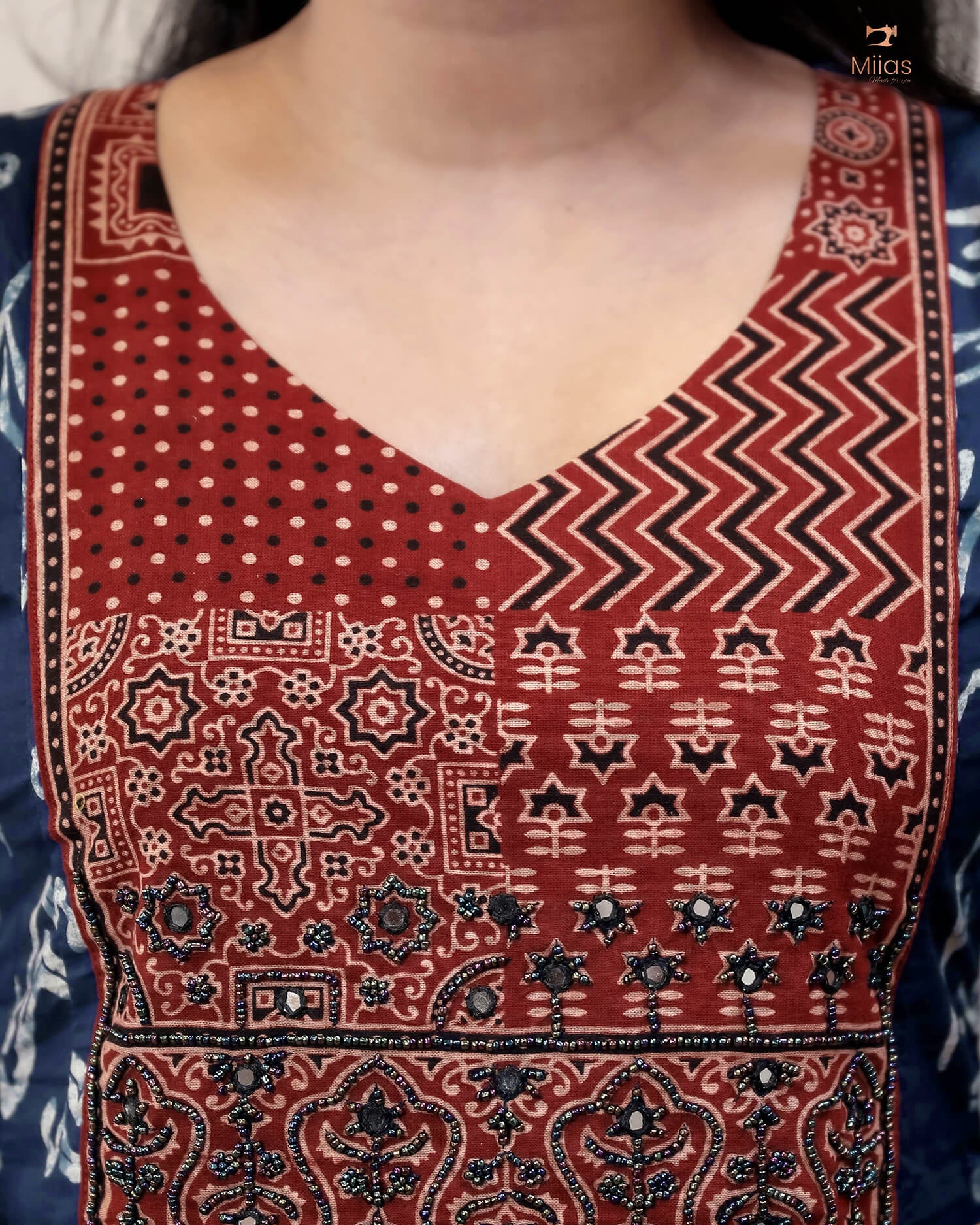 Ajrakh Print Cotton Kurti with Mirror & Bead Work - South Cotton