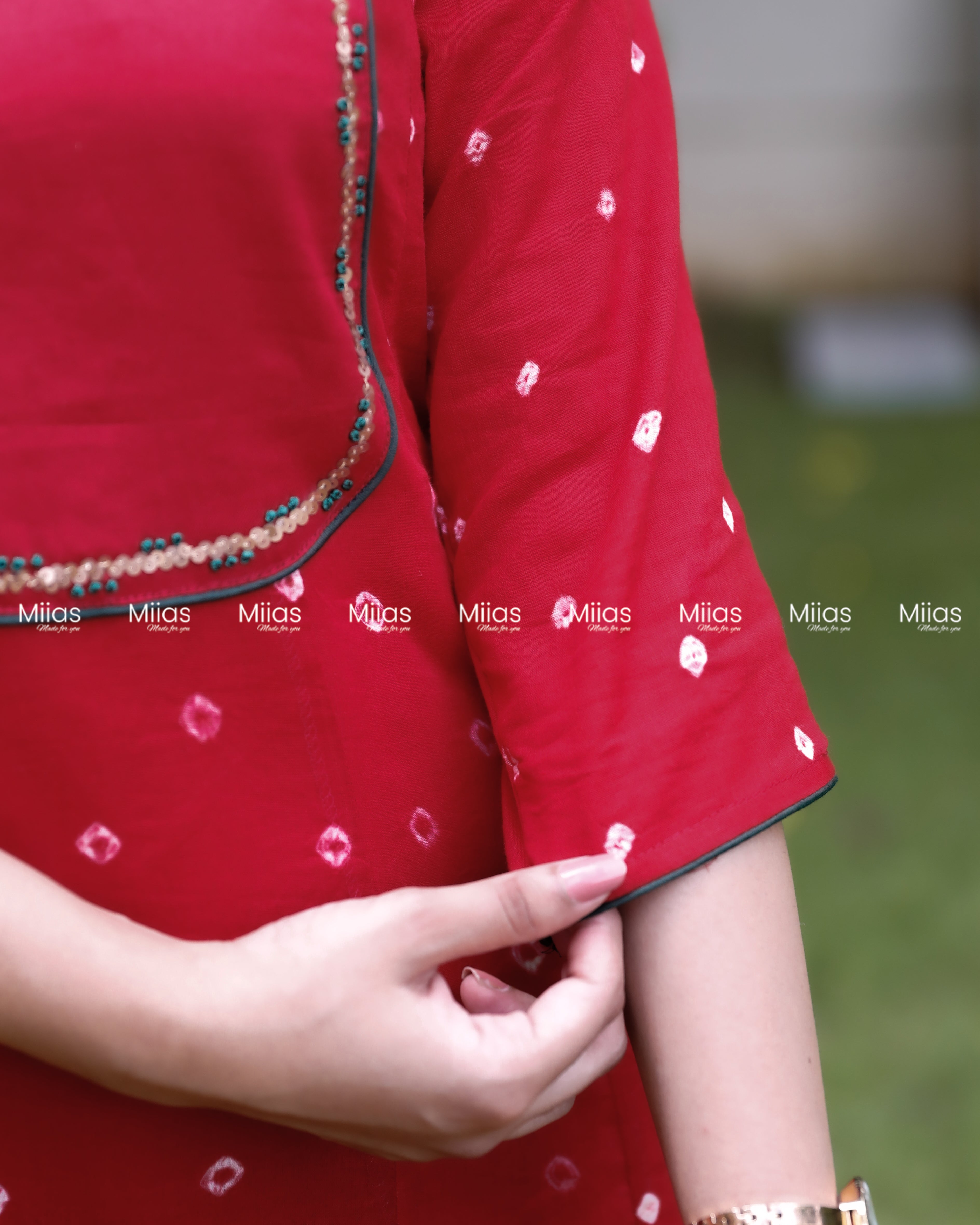 Mul Cotton Bandhani Kurti | Embroidered Yoke + Piping | Red