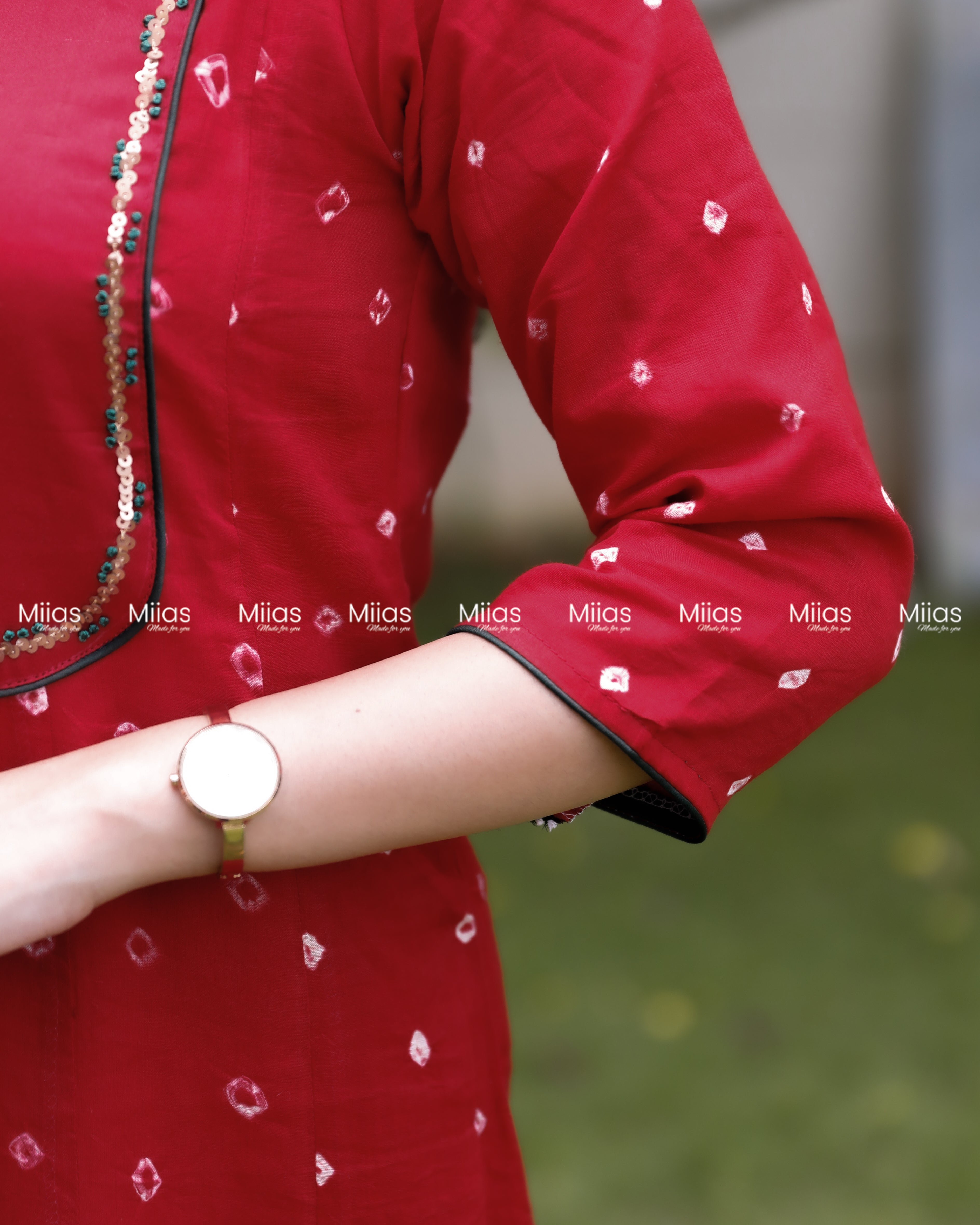 Mul Cotton Bandhani Kurti | Embroidered Yoke + Piping | Red