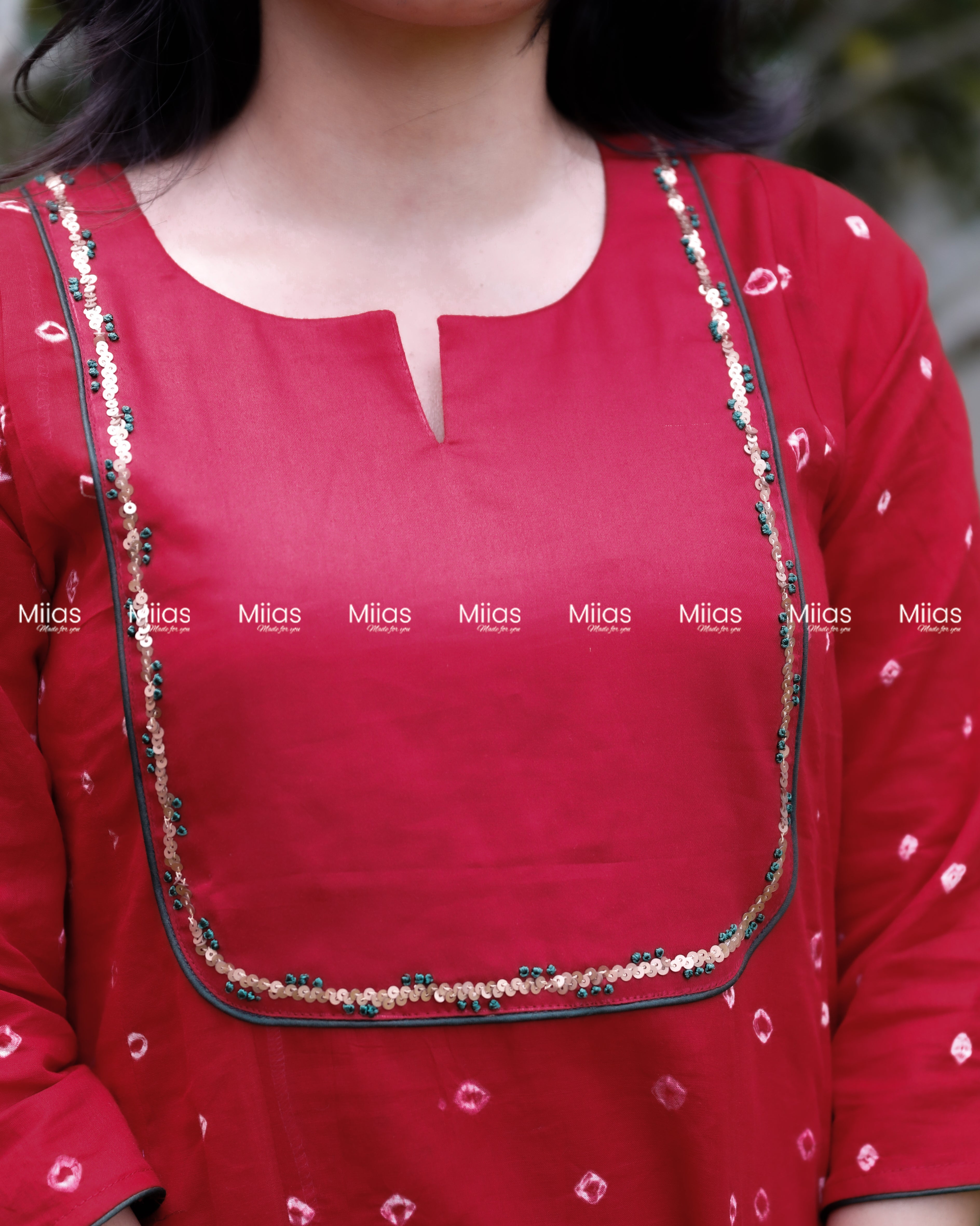 Mul Cotton Bandhani Kurti | Embroidered Yoke + Piping | Red