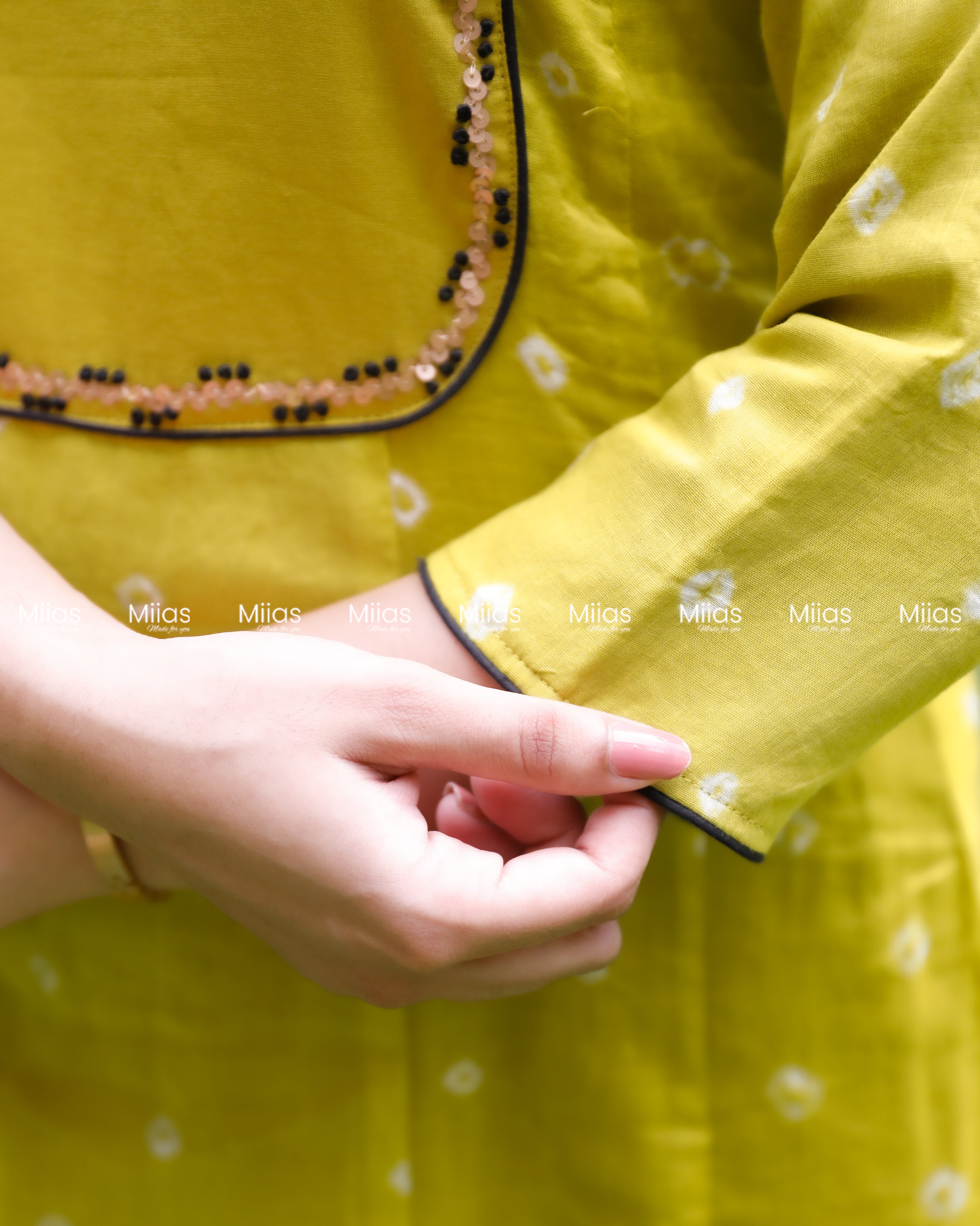 Mul Cotton Bandhani Kurti | Embroidered Yoke + Piping | Yellow