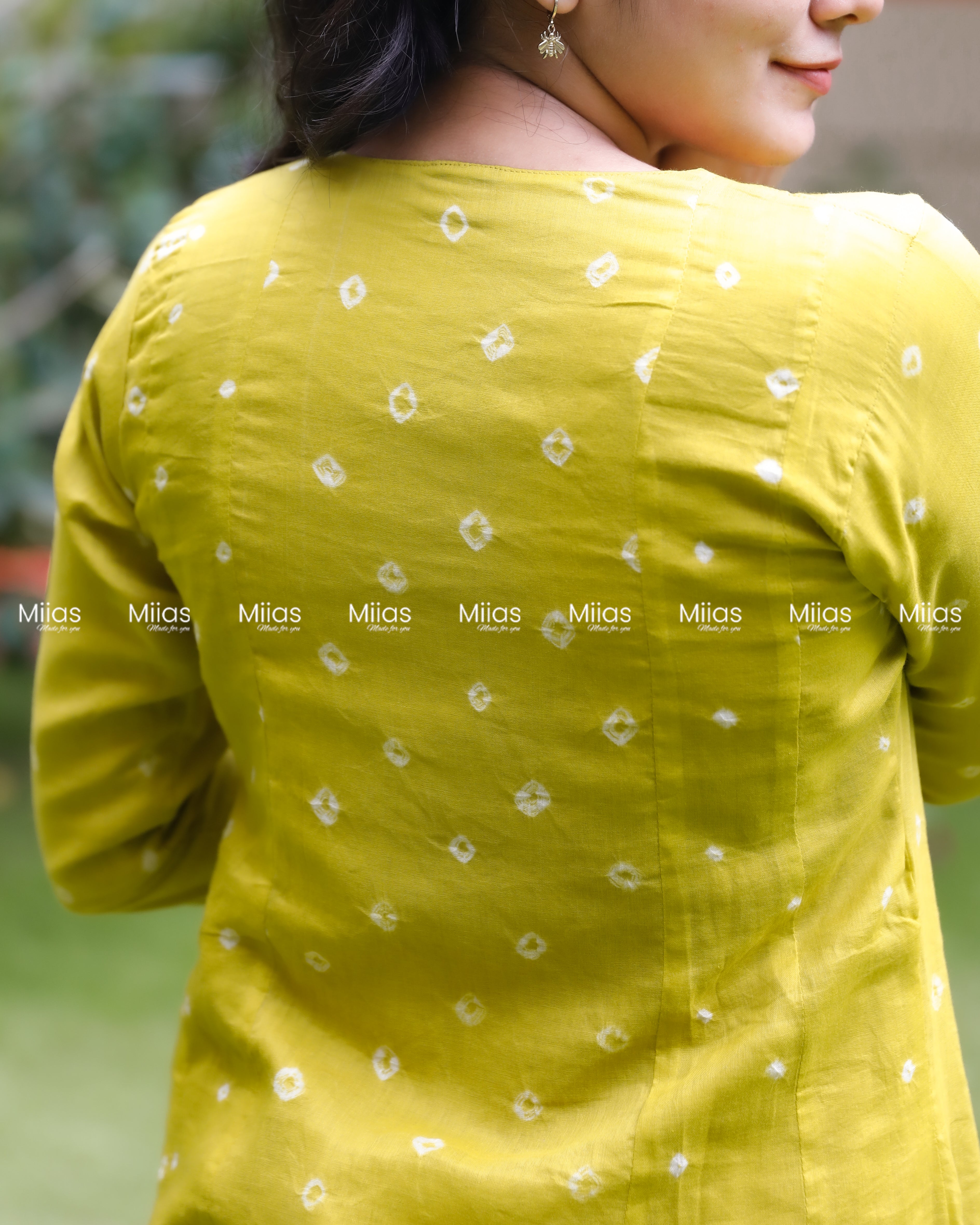 Mul Cotton Bandhani Kurti | Embroidered Yoke + Piping | Yellow