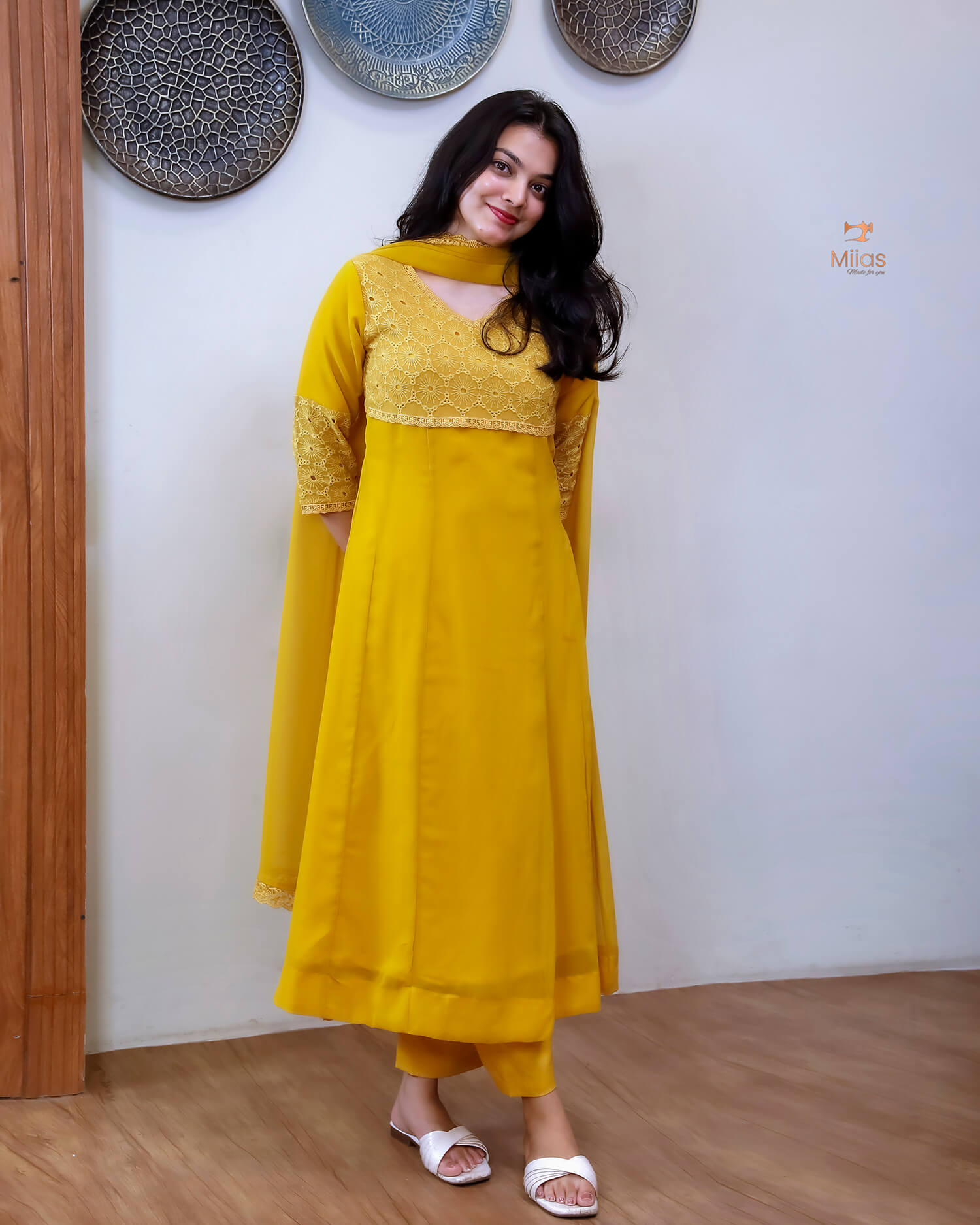 Georgette Hakoba Embroidered Top, Dupatta & Crepe Pant-Mustard Yellow.