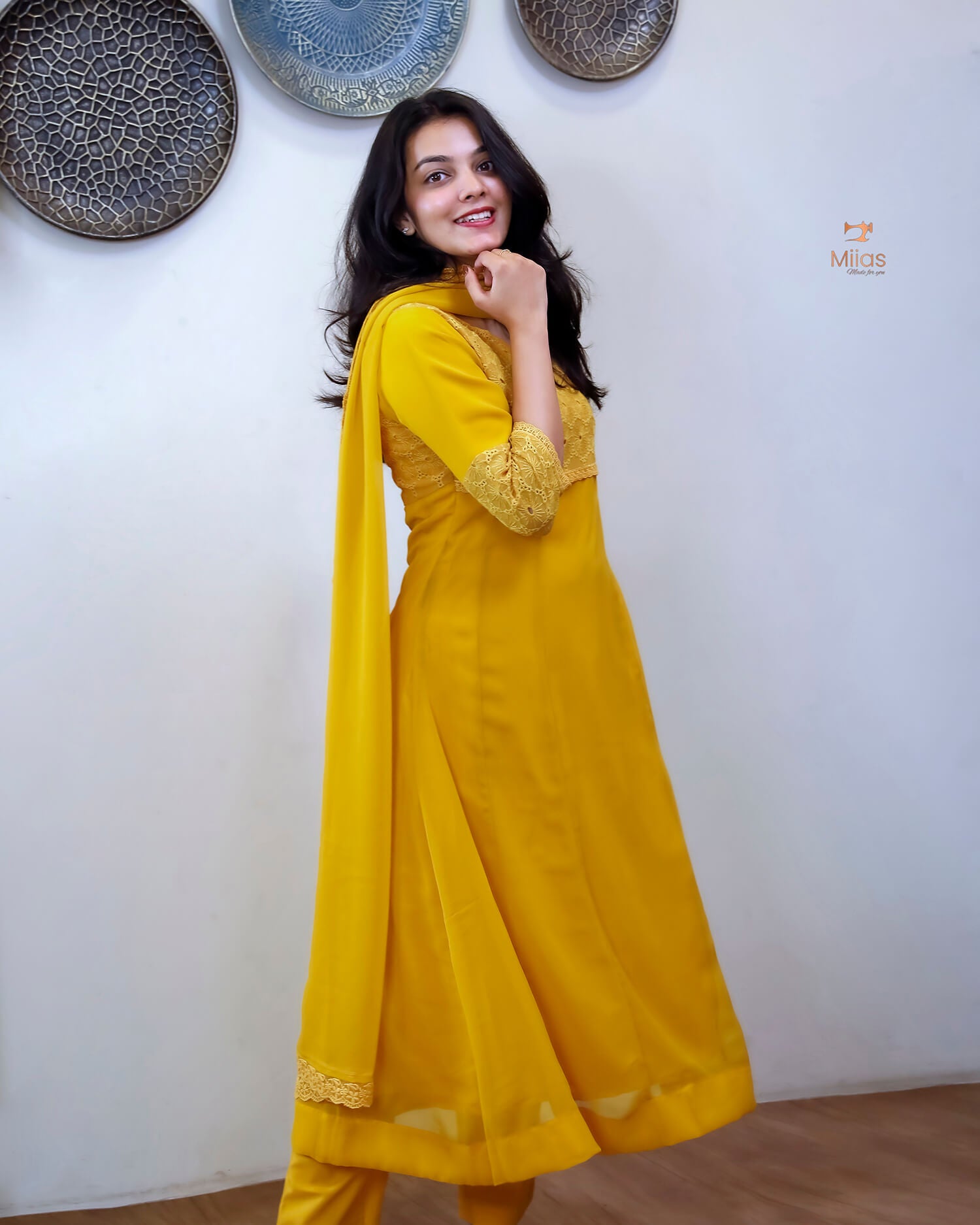 Georgette Hakoba Embroidered Top, Dupatta & Crepe Pant-Mustard Yellow.