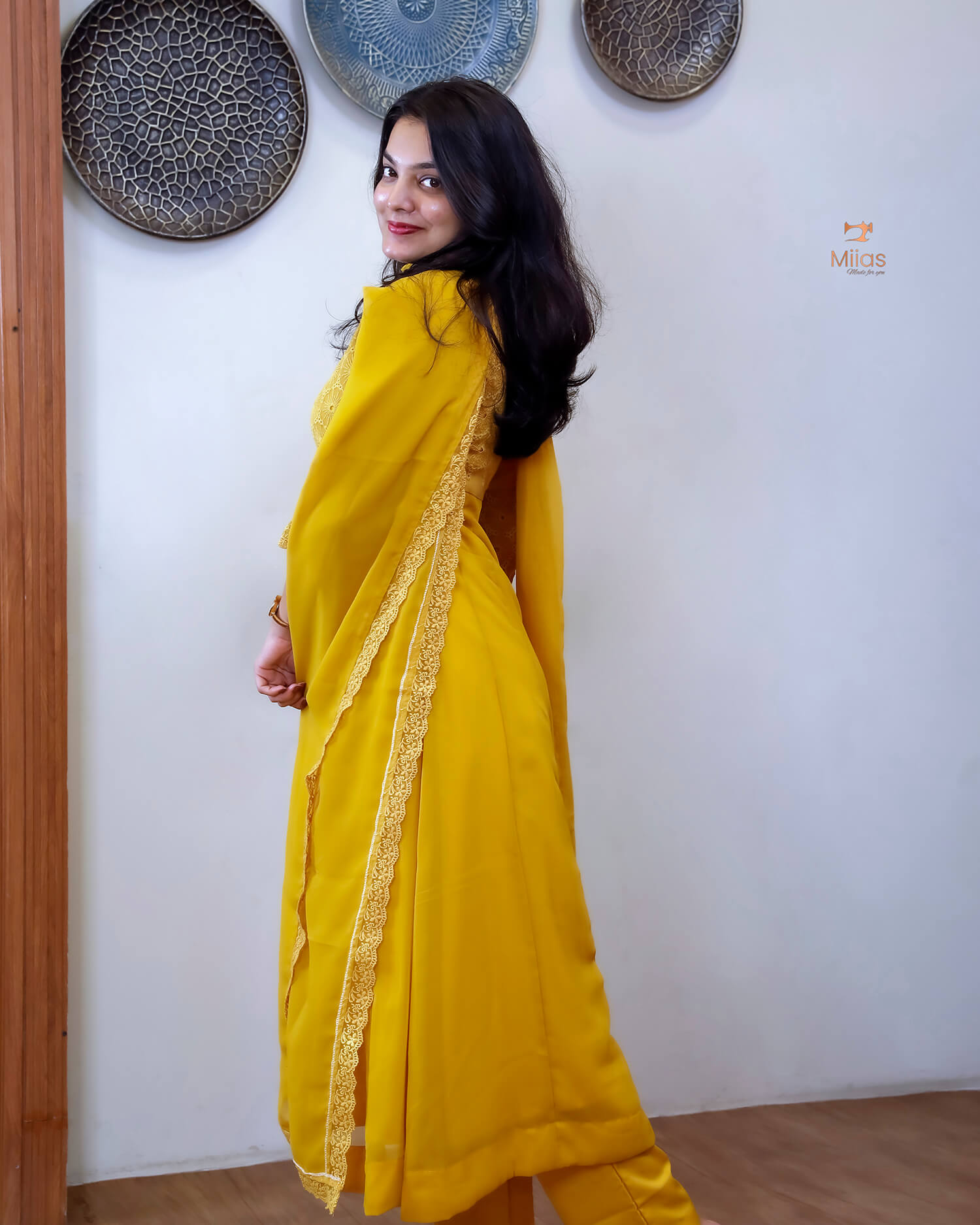 Georgette Hakoba Embroidered Top, Dupatta & Crepe Pant-Mustard Yellow.
