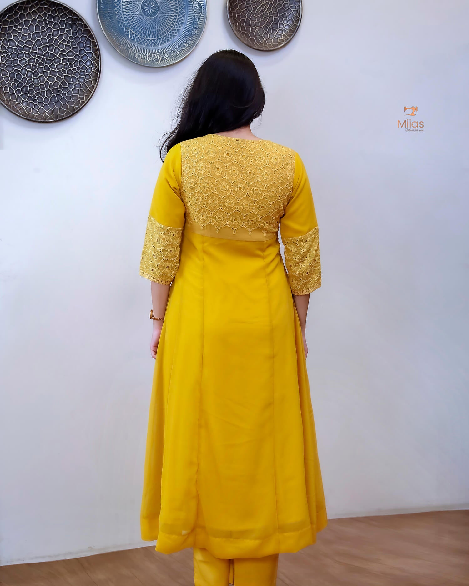 Georgette Hakoba Embroidered Top, Dupatta & Crepe Pant-Mustard Yellow.