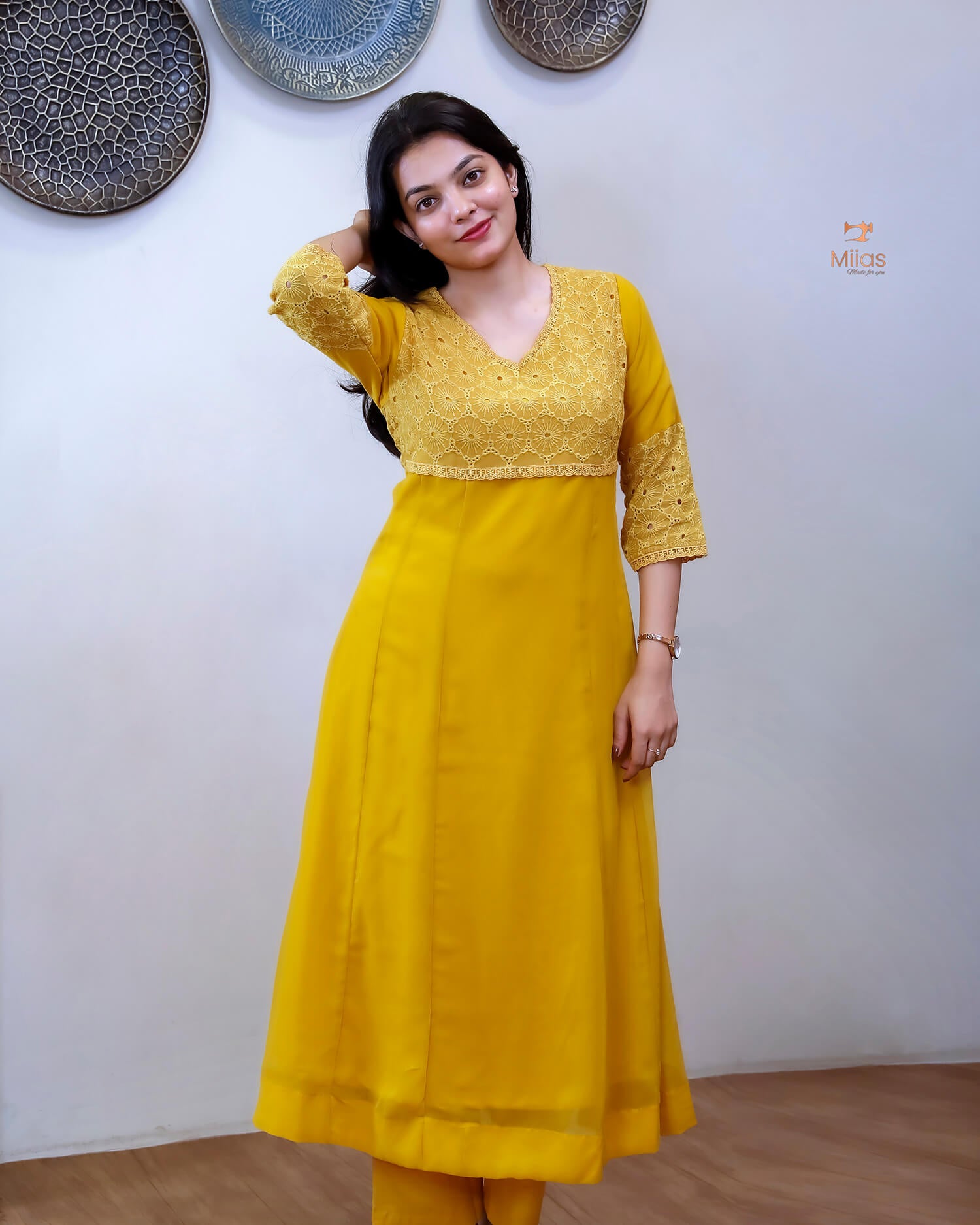 Georgette Hakoba Embroidered Top, Dupatta & Crepe Pant-Mustard Yellow.