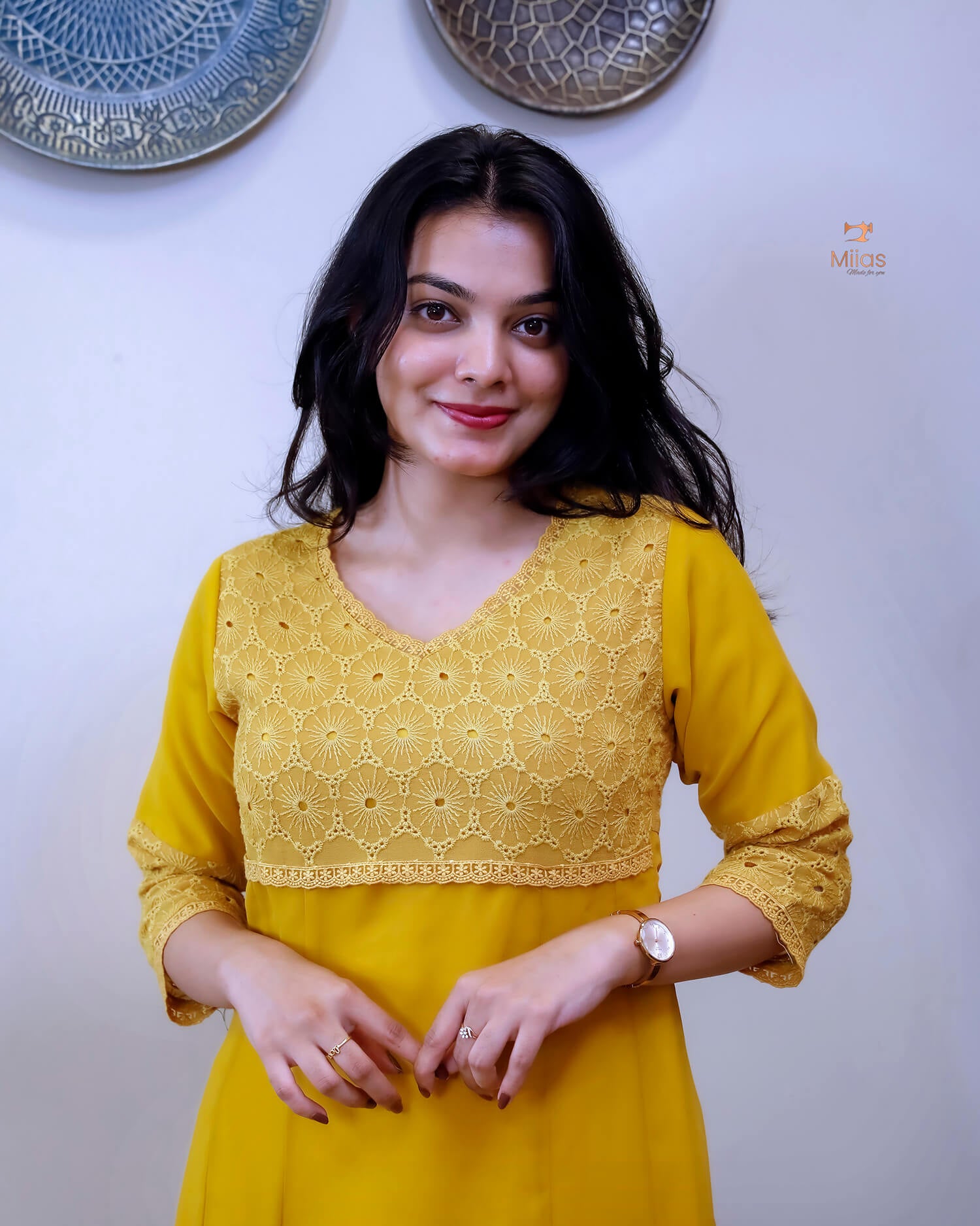 Georgette Hakoba Embroidered Top, Dupatta & Crepe Pant-Mustard Yellow.