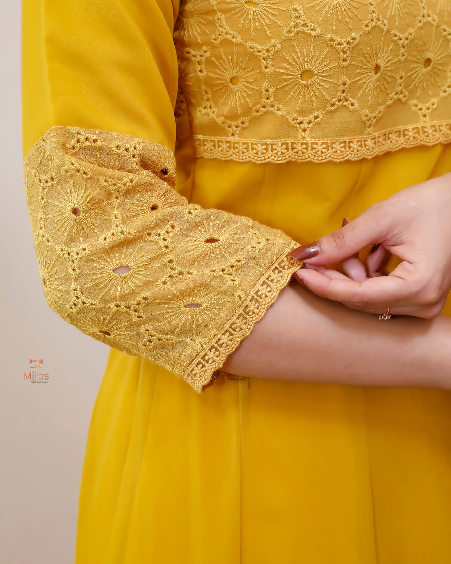 Georgette Hakoba Embroidered Top, Dupatta & Crepe Pant-Mustard Yellow.