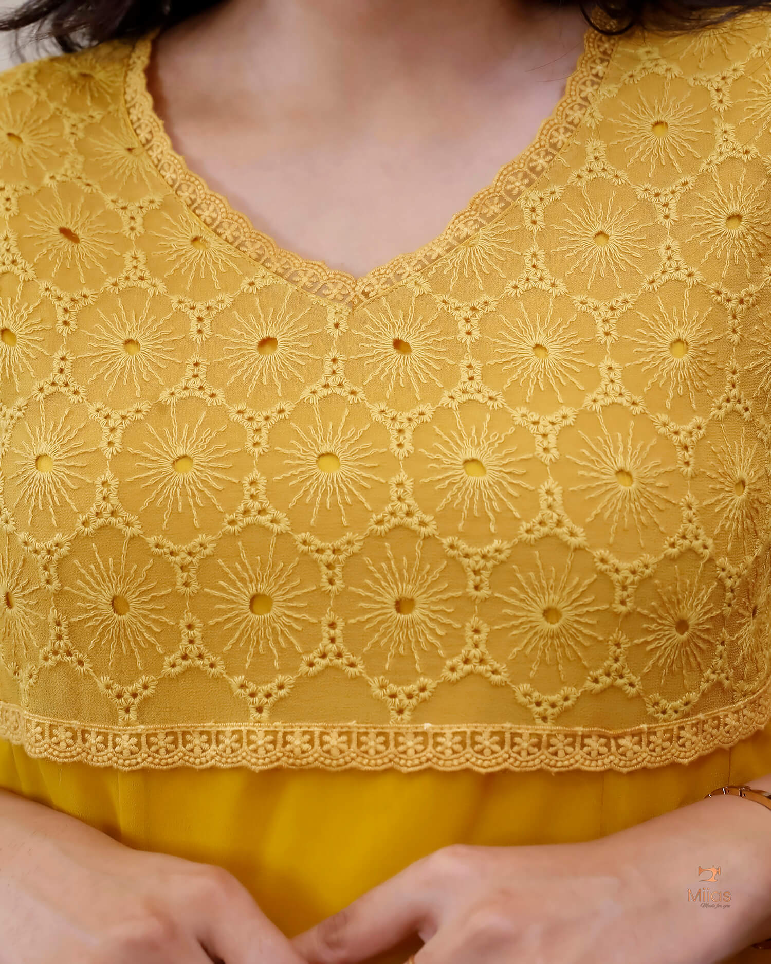 Georgette Hakoba Embroidered Top, Dupatta & Crepe Pant-Mustard Yellow.