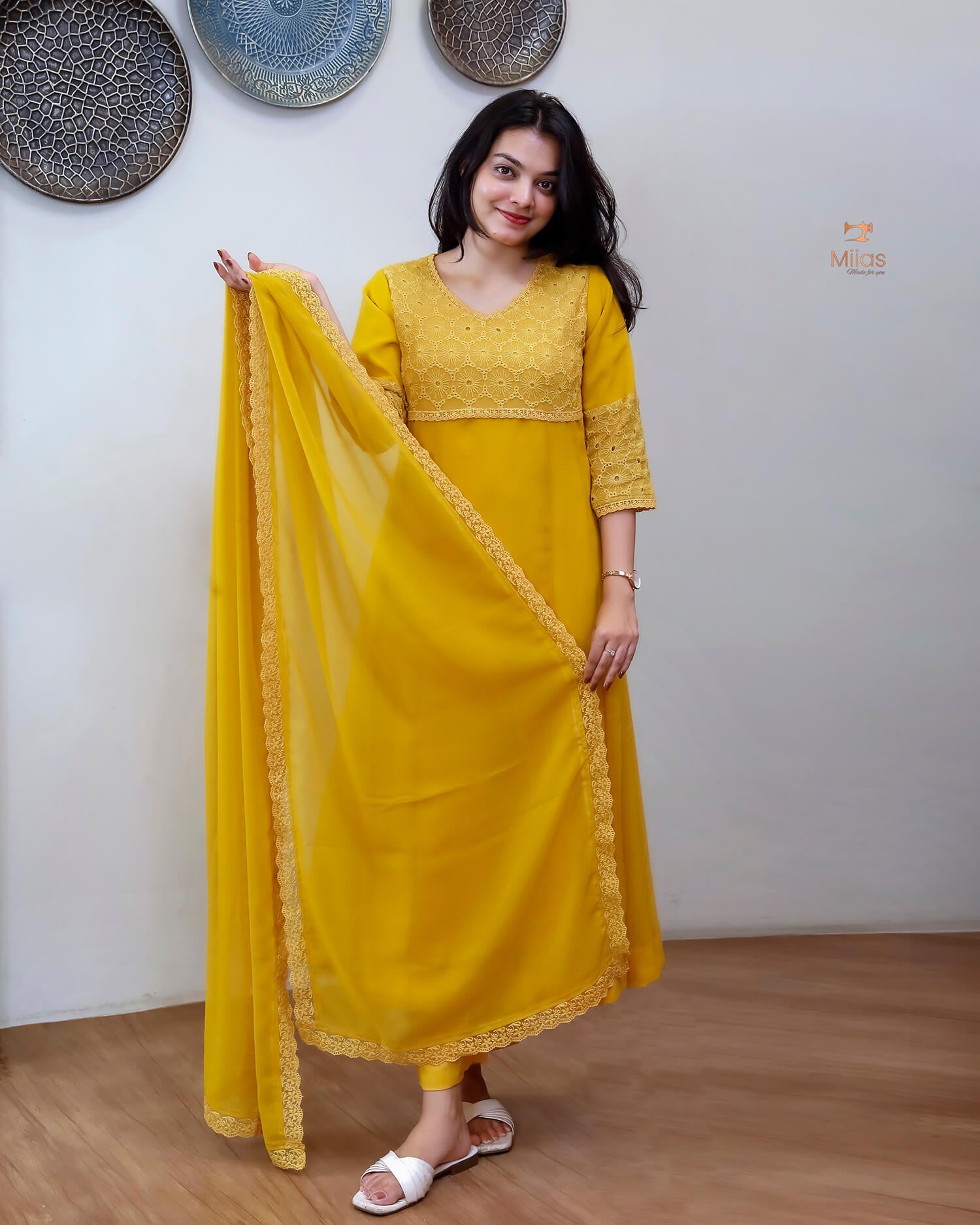 Georgette Hakoba Embroidered Top, Dupatta & Crepe Pant-Mustard Yellow.
