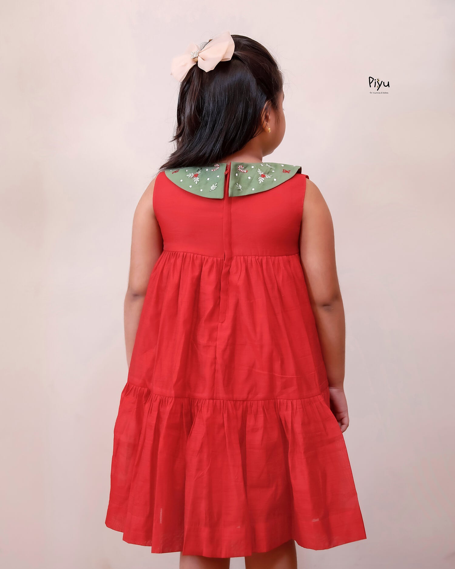 Chanderi Silk Layered Kids' Frock - Cotton Collar & Back Zip