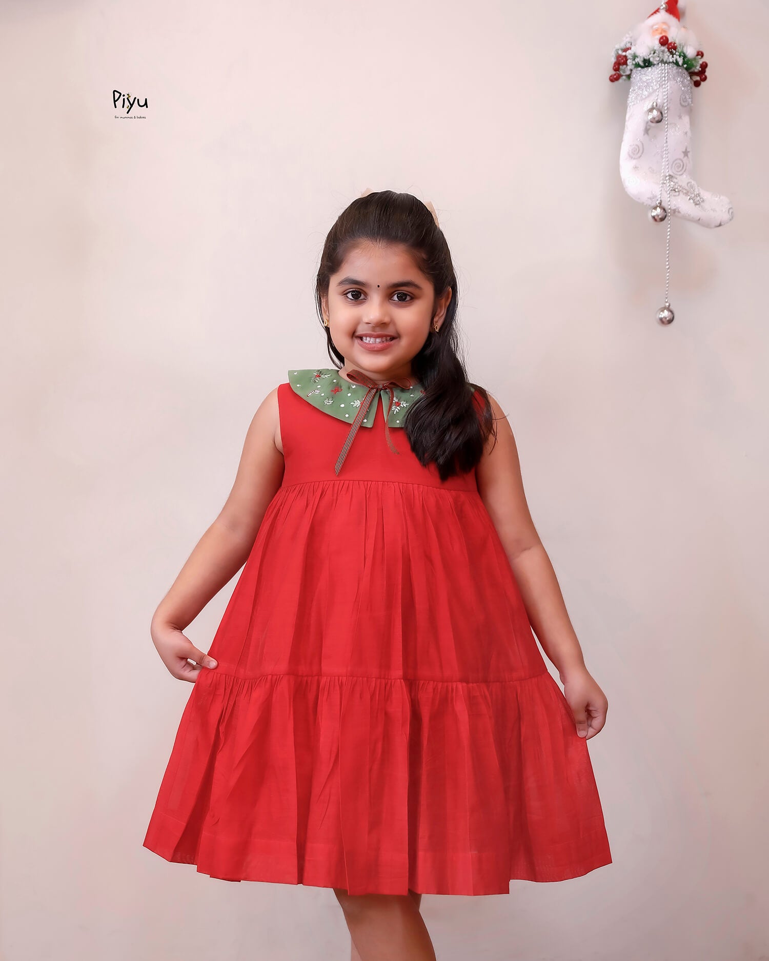 Chanderi Silk Layered Kids' Frock - Cotton Collar & Back Zip