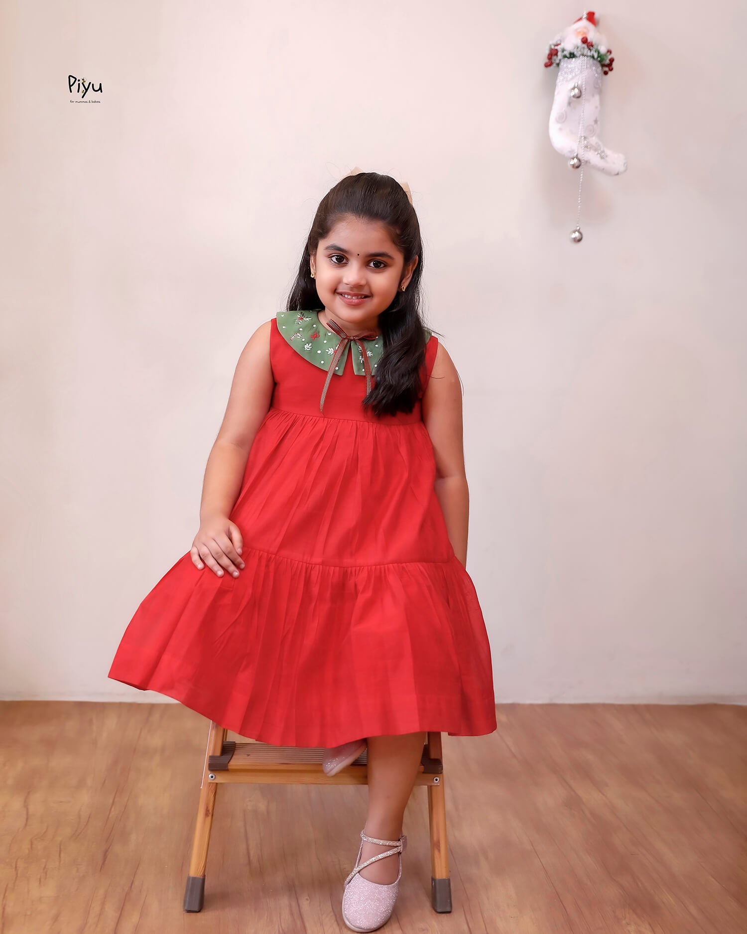 Chanderi Silk Layered Kids' Frock - Cotton Collar & Back Zip