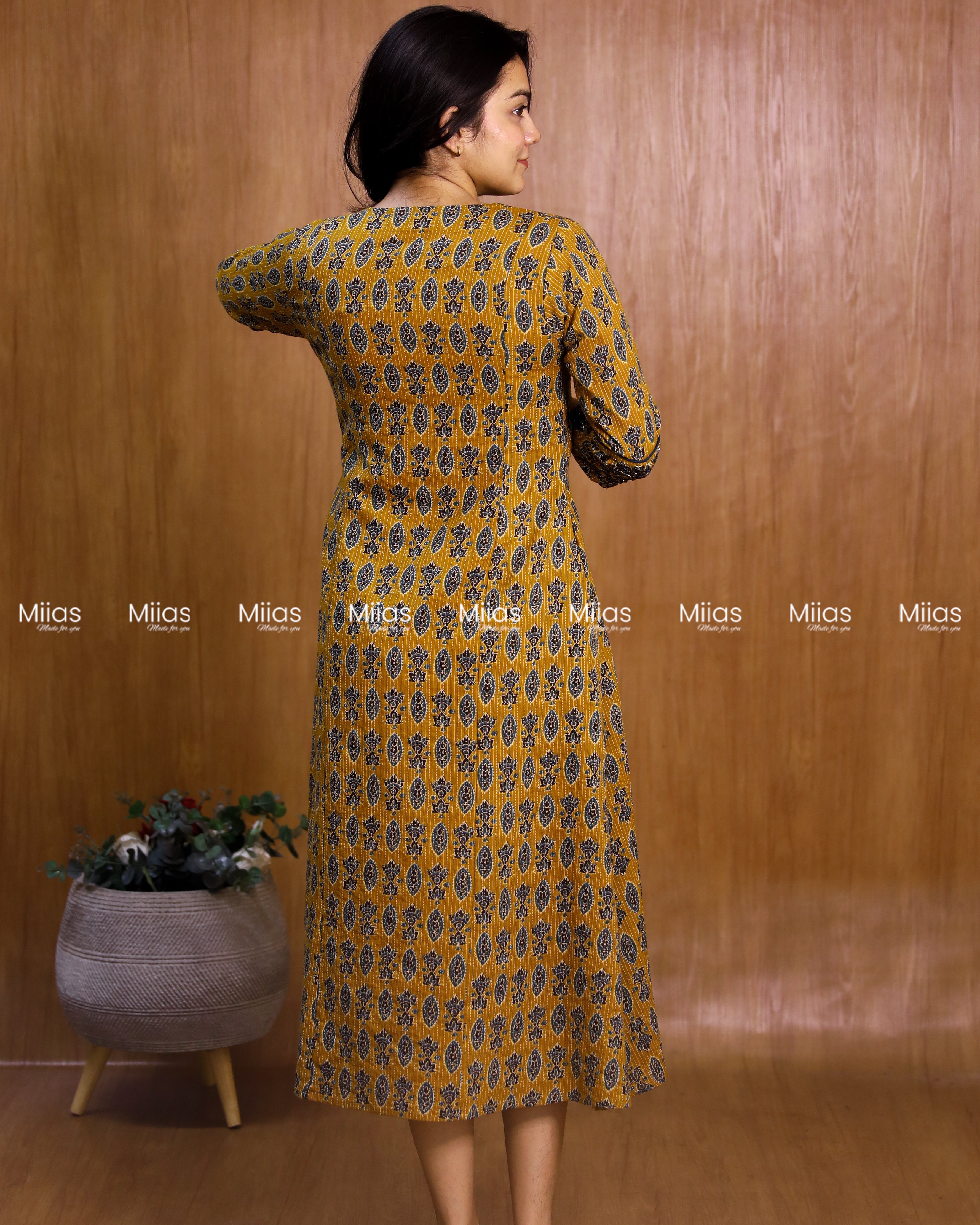 Kantha Cotton 3-Panel Kurti | Ajrakh Print + Beaded Yoke | Mustard Yellow