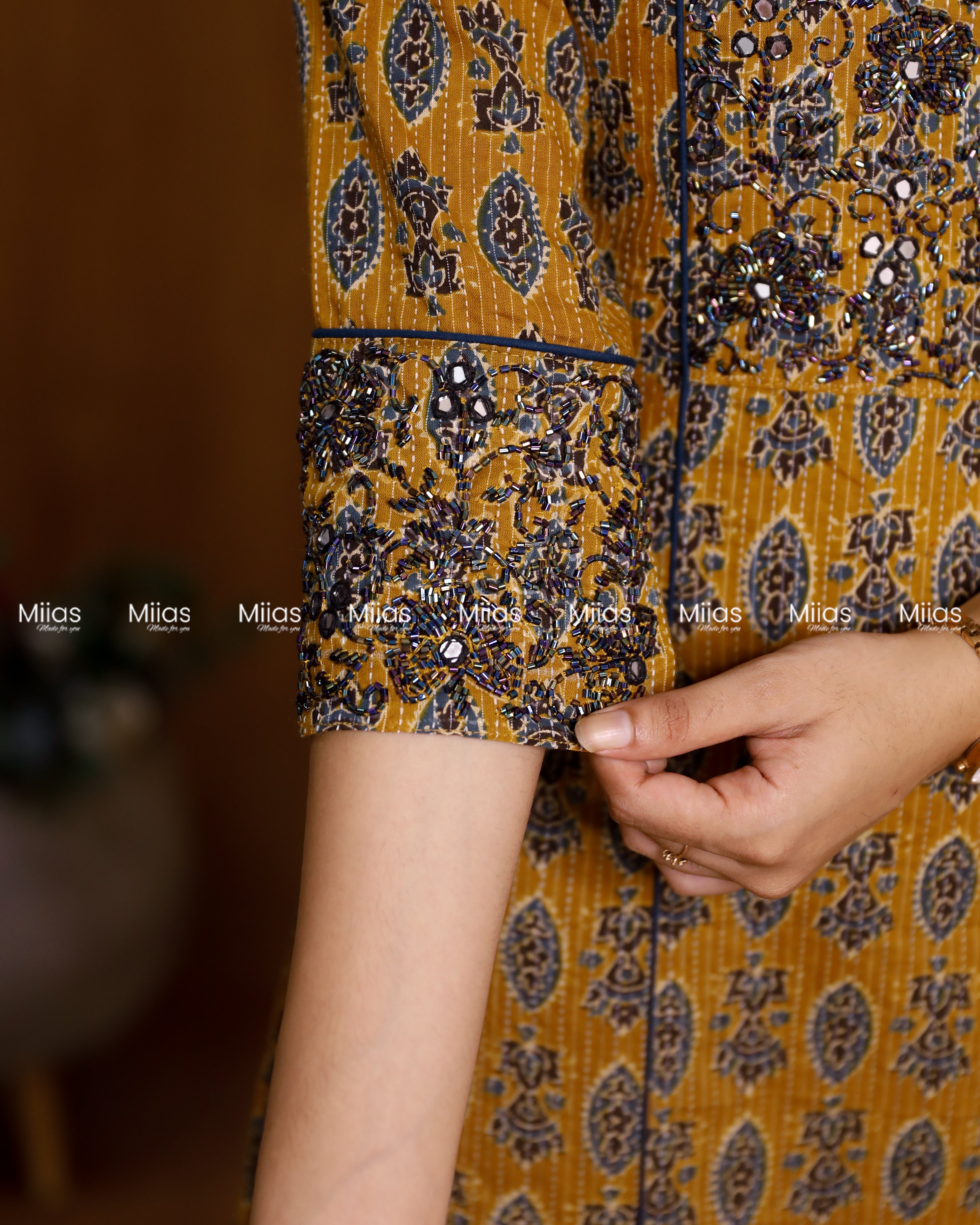 Kantha Cotton 3-Panel Kurti | Ajrakh Print + Beaded Yoke | Mustard Yellow