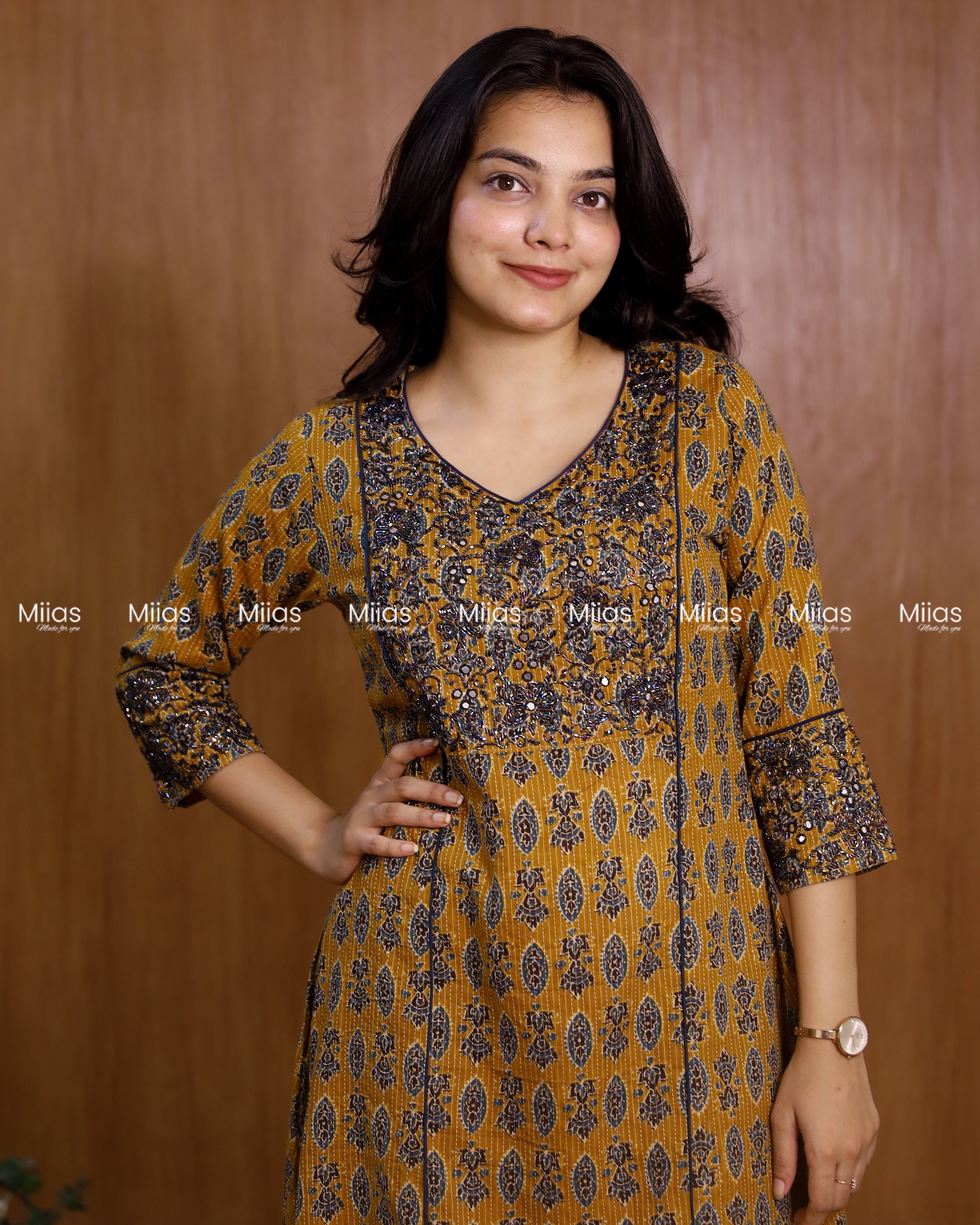 Kantha Cotton 3-Panel Kurti | Ajrakh Print + Beaded Yoke | Mustard Yellow