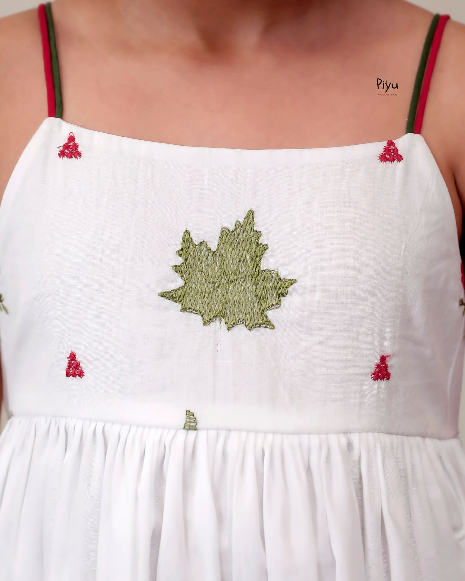 Mul Cotton Frock | Embroidered Yoke & Noodle Strap Sleeves-White.