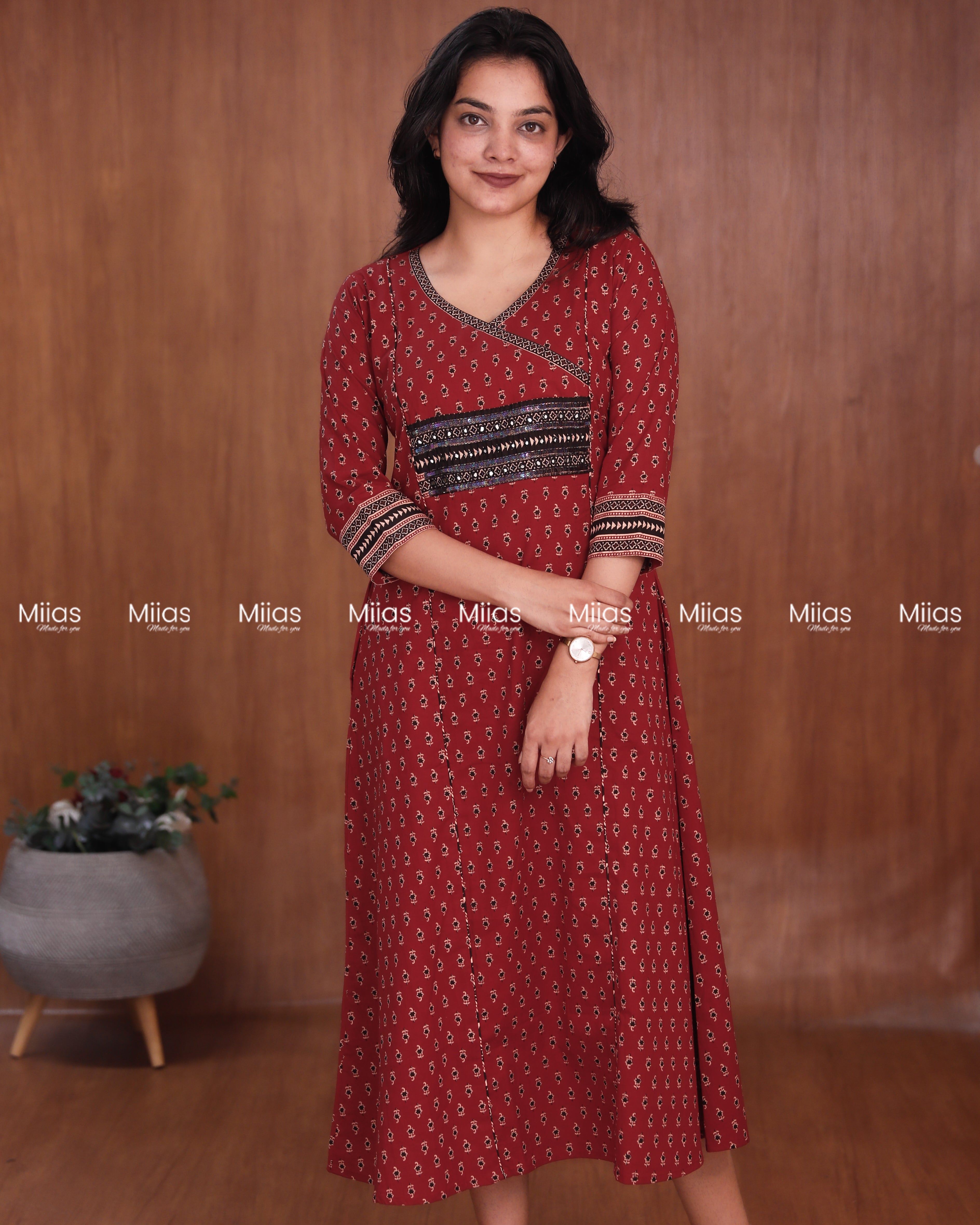 Ajrakh Cotton 3-Panel Kurti | Beaded Yoke + Contrast Piping | Brick Red