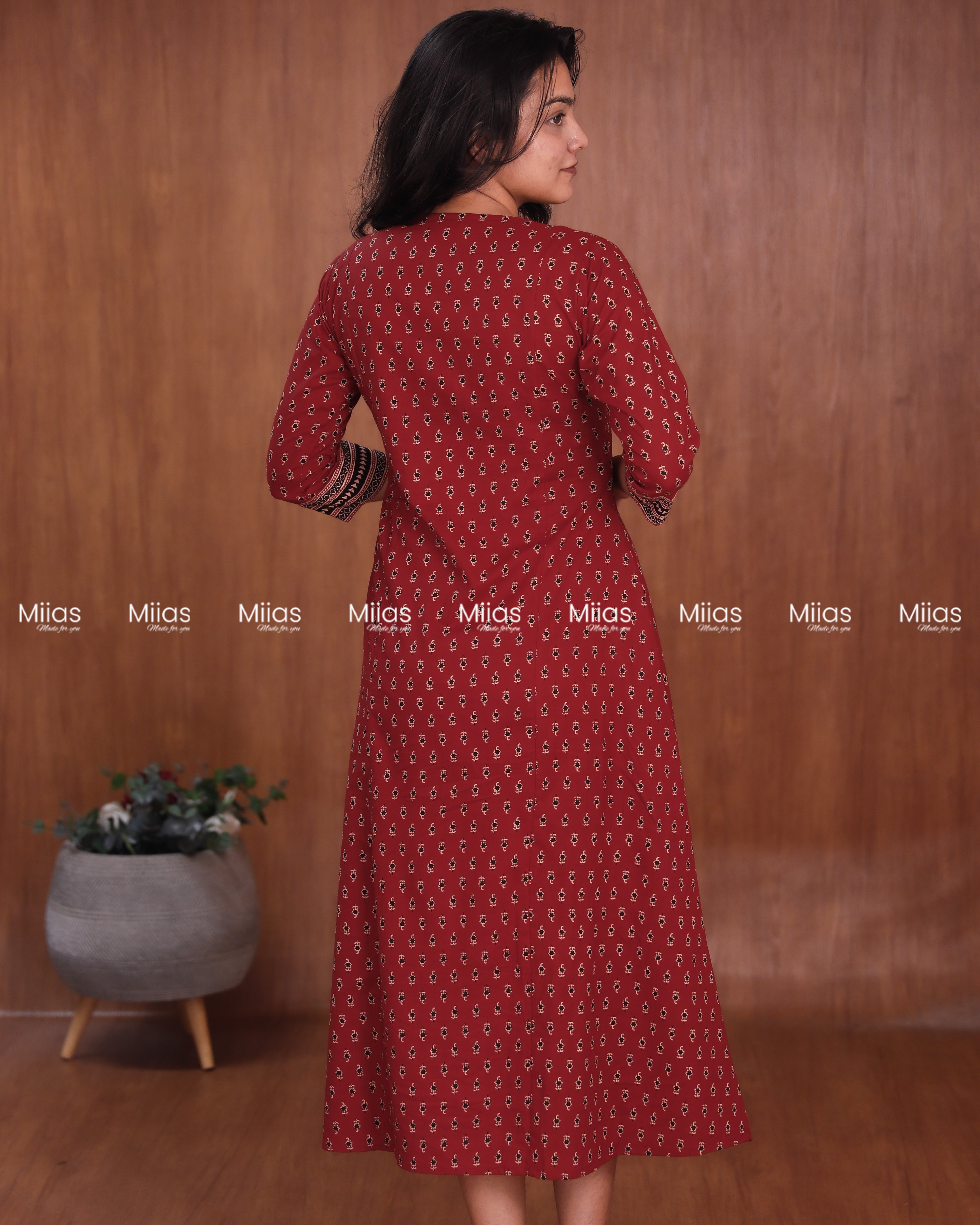 Ajrakh Cotton 3-Panel Kurti | Beaded Yoke + Contrast Piping | Brick Red