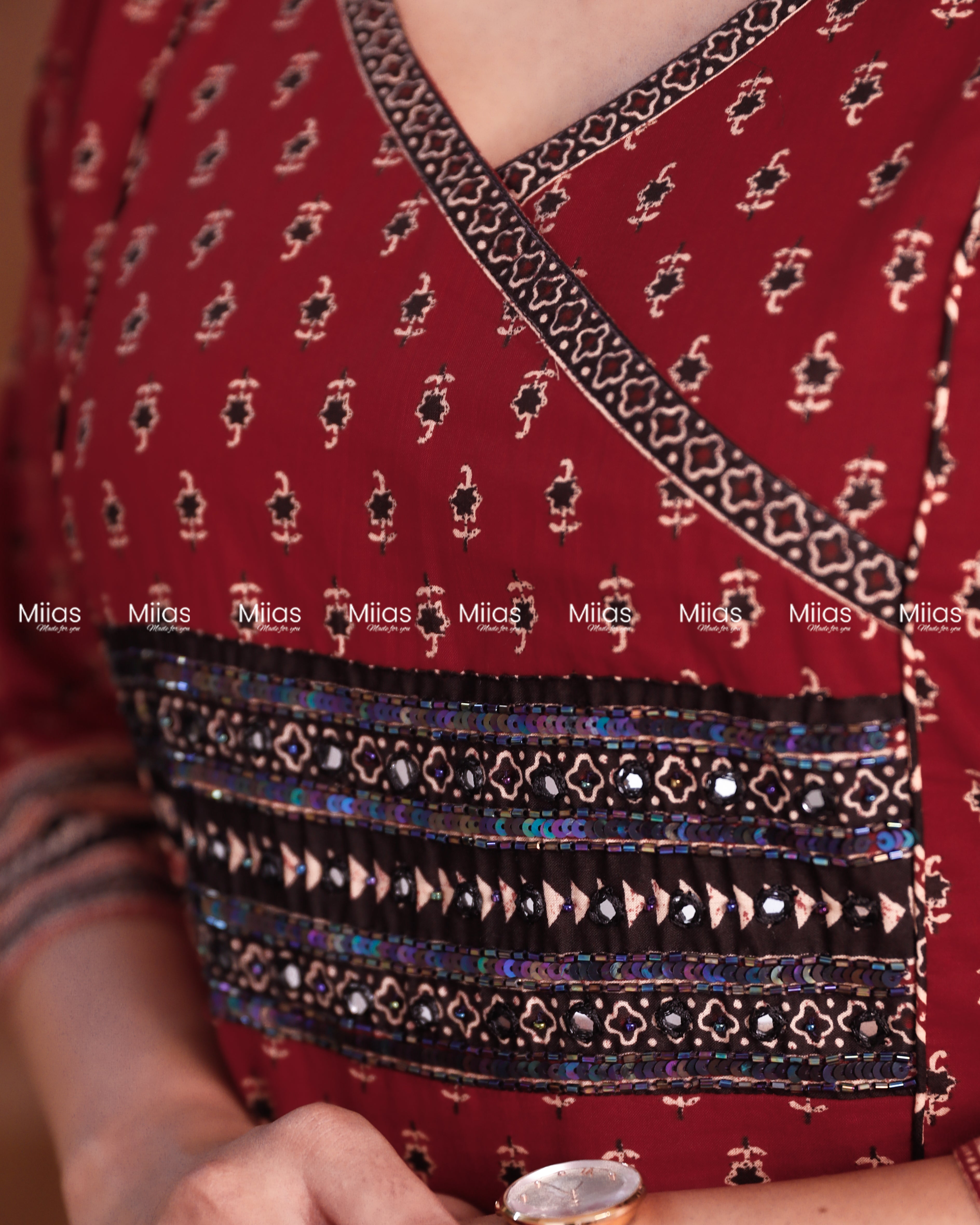 Ajrakh Cotton 3-Panel Kurti | Beaded Yoke + Contrast Piping | Brick Red