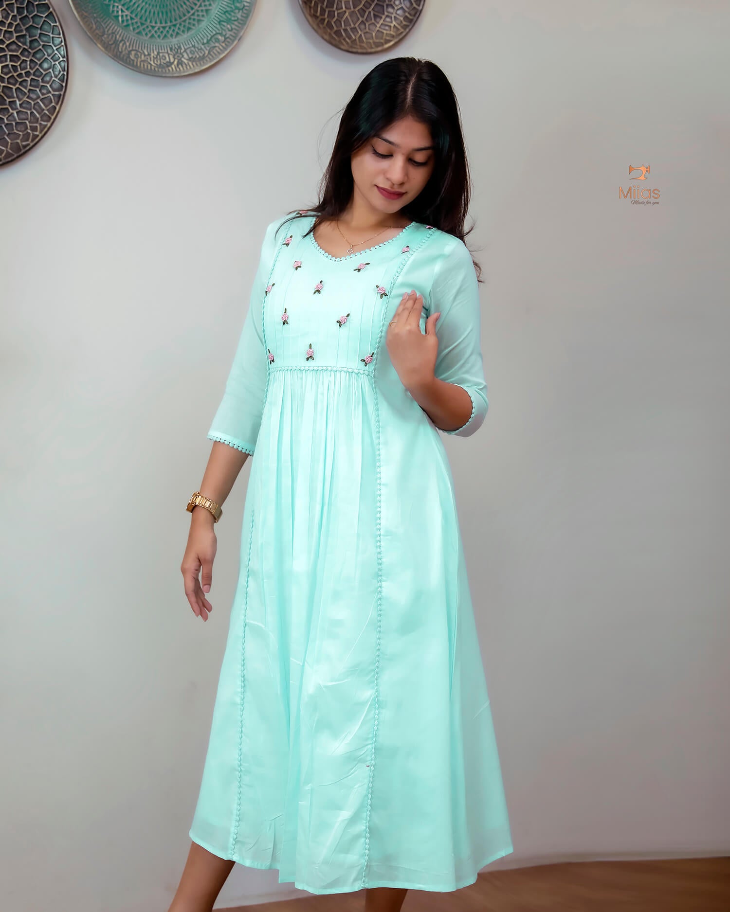 Mulcotton 3-Panel Dress Kurti | Pintuck & Bullion Work-Powder Blue.