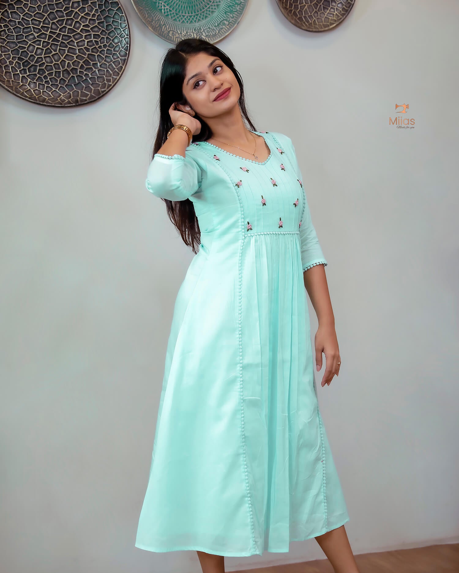 Mulcotton 3-Panel Dress Kurti | Pintuck & Bullion Work-Powder Blue.